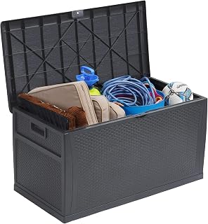 Qily Outdoor Storage Box Waterproof, Large Patio Cushion Storage Deck Box Bench Lockable, Portable Garden Box Storage 121 Gal, Plastic Pool Towel Storage Bin for Toy, Tool, Ball, Easy to Install (Grey)