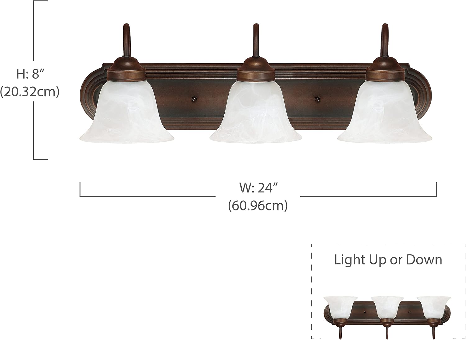 Capital Lighting 1033BB-118 Arthur White Faux Alabaster Glass Bath Vanity Wall Mount, 3-Light 300 Total Watts, 8" H x 24" W, Burnished Bronze