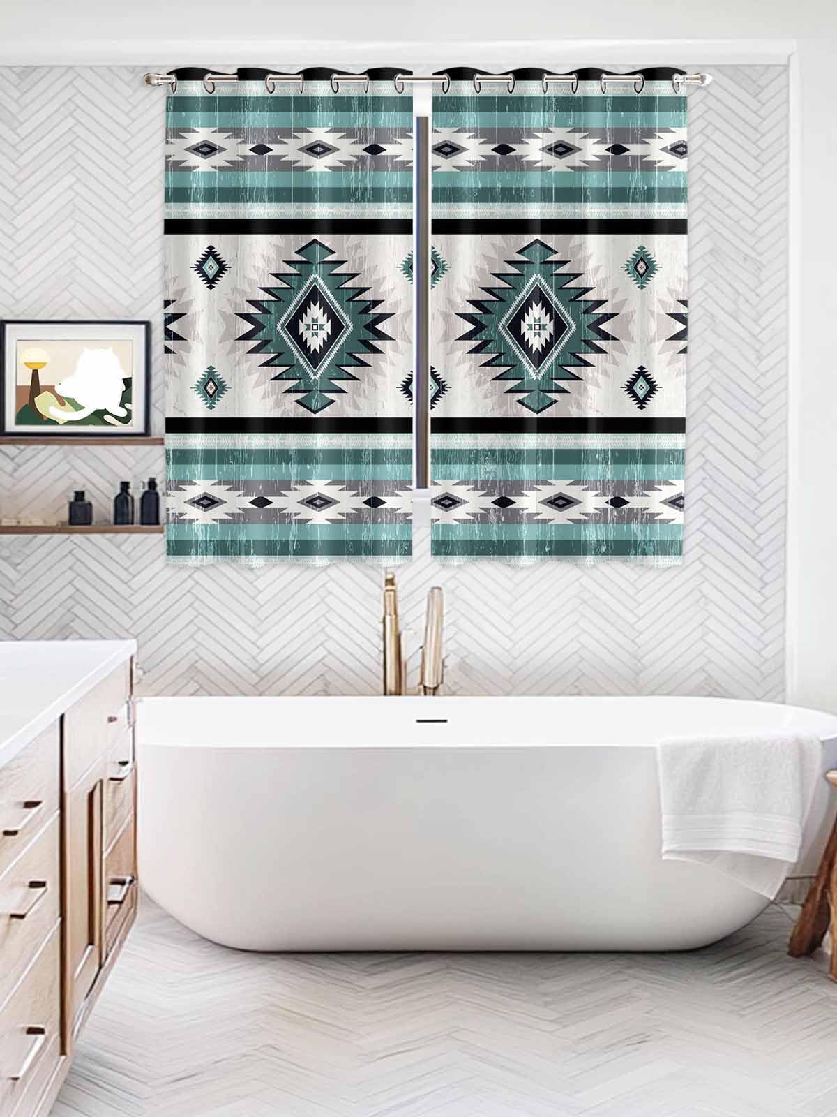 Turquoise Aztec Window Curtains Panels with Silver Grommet,Southwestern Native American Indian Print Kitchen Cafe Curtain Draperies Window Treatment Set for Living Room/Bedroom/Bathroom/Cafe,104x84