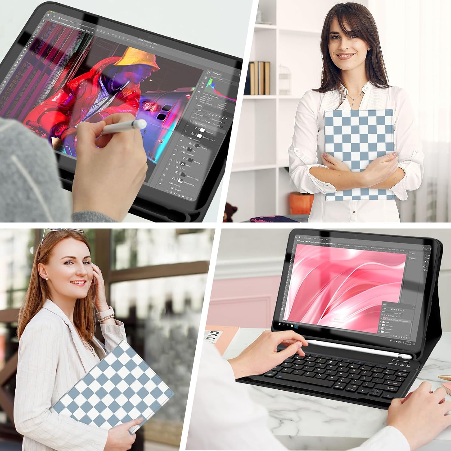 for iPad Air 11-inch (M3/M2-2025/2024) Case with Keyboard, Wireless Keyboard Cover with Pencil Holder for Air 10.9 Inch (5th/4th-2022/2020), Checkered Plaid Blue-White
