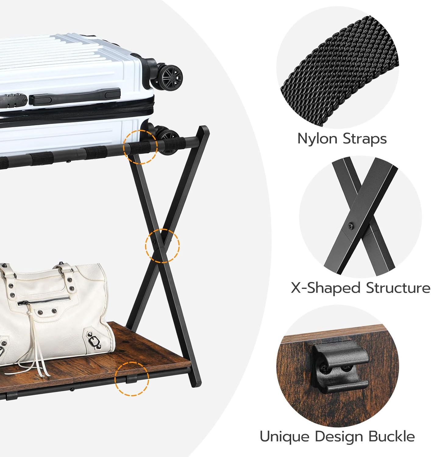 HOOBRO Folding Luggage Rack, Suitcase Stand Holder with Wooden Storage Shelf, Holds up to 110 lb, 27.2 x 15.7 x 24 Inches, for Guest Room, Bedroom, Closet, Hotel, Rustic Brown and Black BF68XL01G1