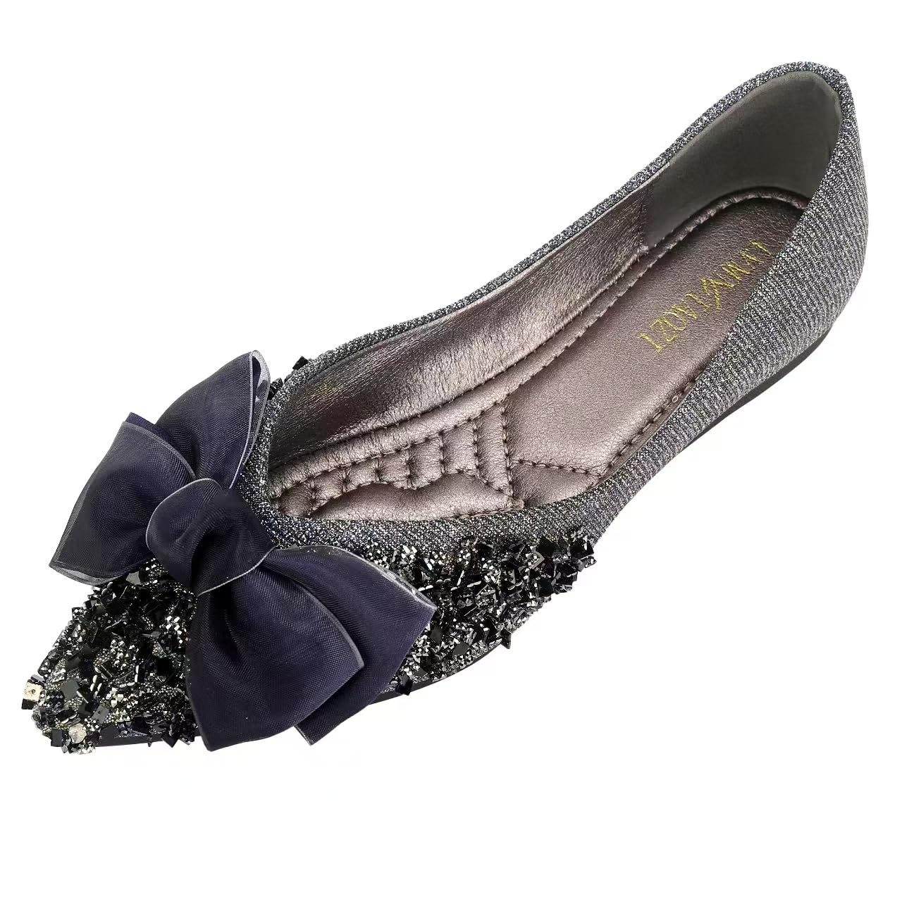 DUWEIDU Silver Flats Shoes for Women Rhinestones Bow Wedding Flats Slip on Flats for Women Comfortable Dress Shoe Size 8