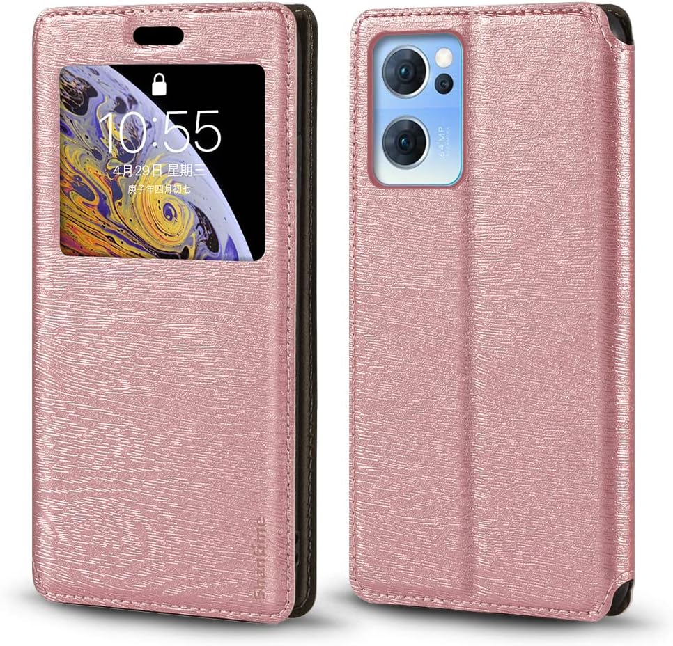 Viewable Window Leather Flip Case Compatible with OPPO Reno 7 5G China, Elegant Design Clear Display Invisible Magnetic Cover and Card Slot(Rose Gold)