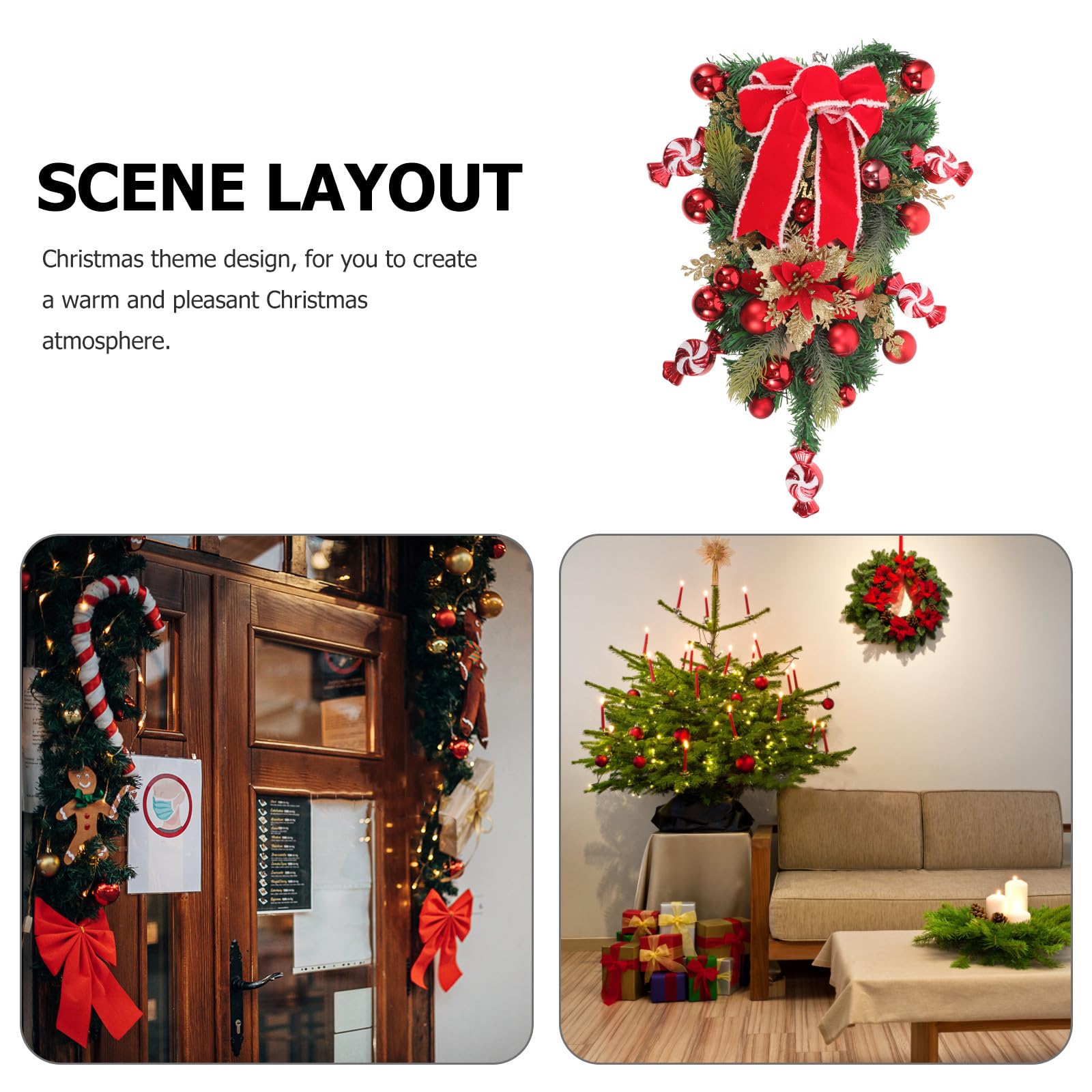 Mikikit Guirnalda Navideña Colgante en Forma de Lágrima Lazo para Decoración de Puerta y Barandilla, Diseño Único de PE para Ambiente Navideño Auténtico
