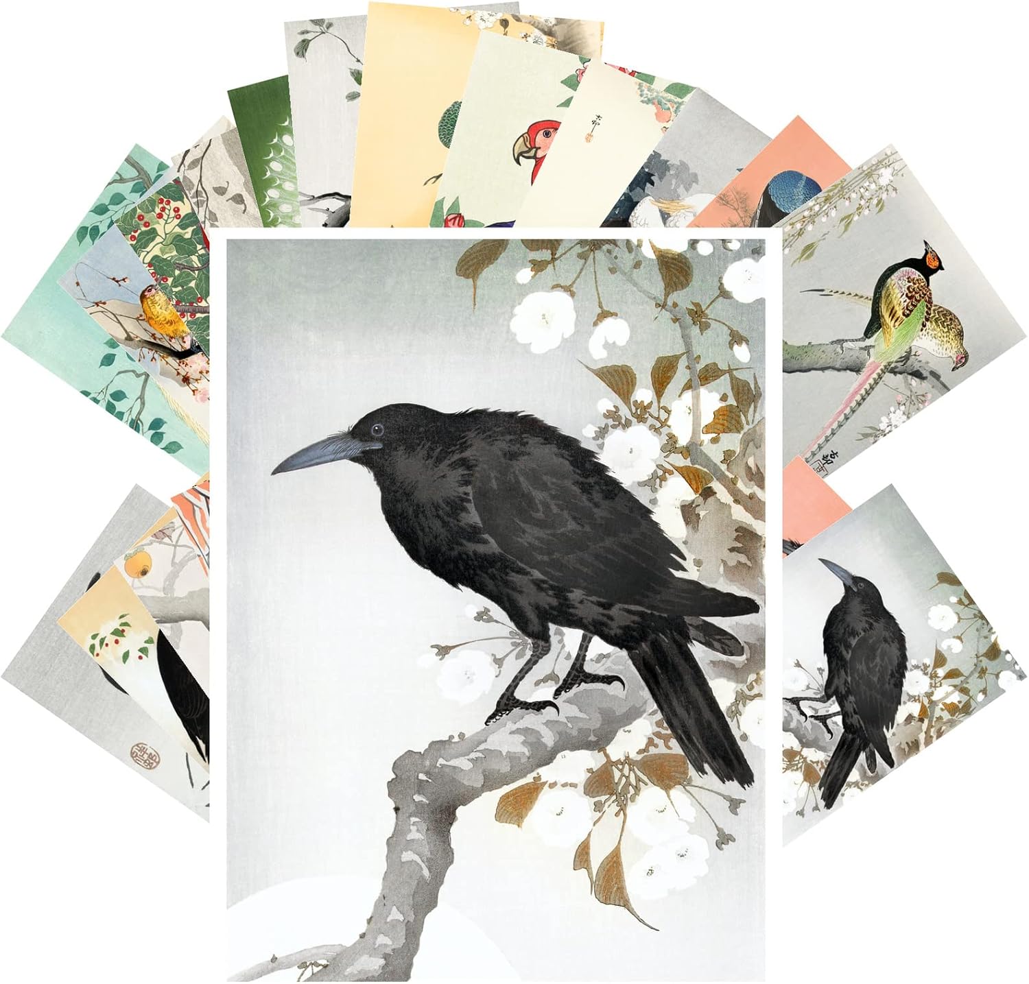 PIXILUV ヴィンテージポストカード (各4インチ&times;6インチ) カラスとオウム ヴィンテージ日本語彫刻 大原耕村作 レトロノート