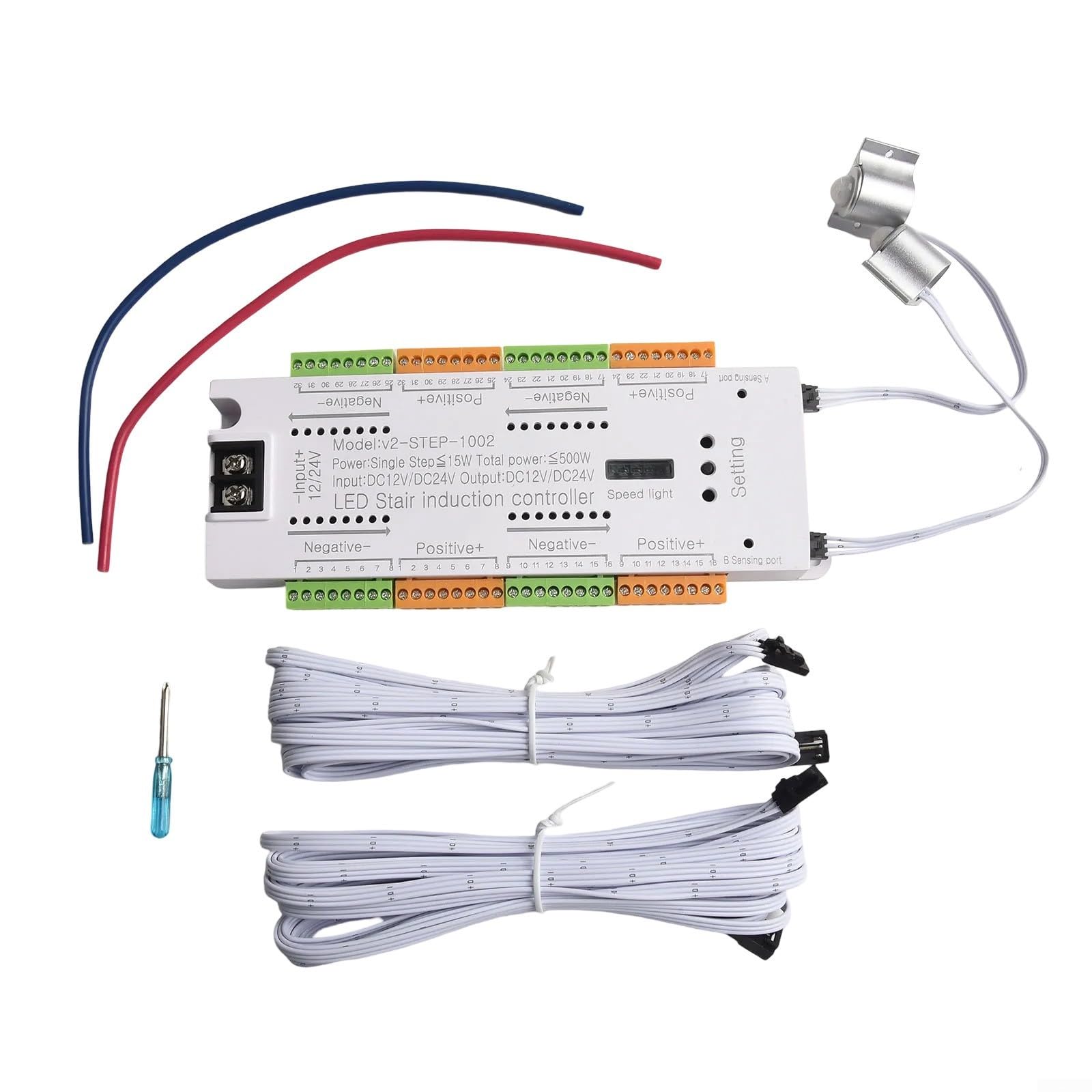 Sensore di movimento a 32 canali, regolatore di luce per scale, DC12V-24V, sistema automatico di illuminazione a LED con 2 sensori PIR, per casa, corridoio, scala fino a 32 gradini (set di