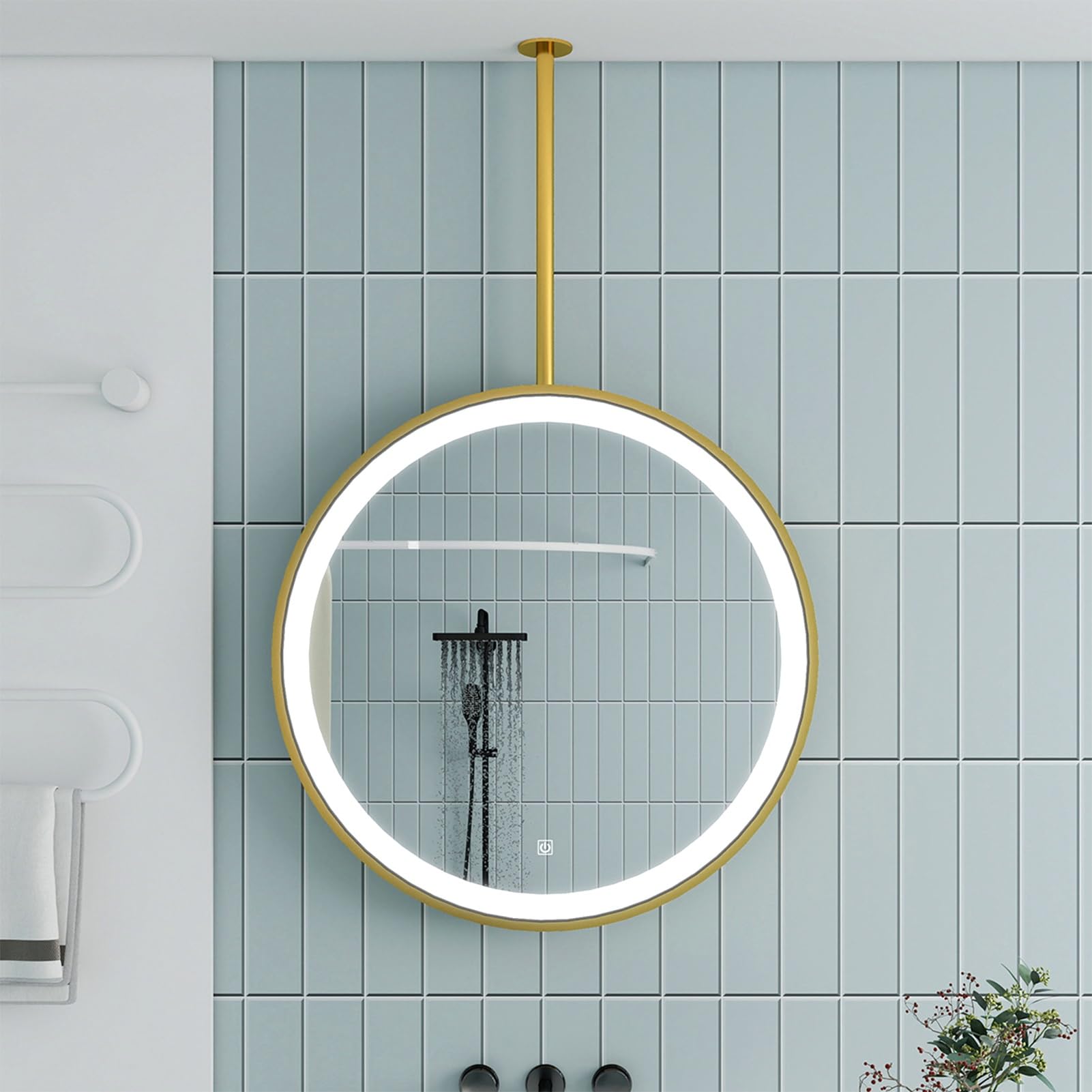 SXFSDOU Round Mirror for Ceiling Hanging, Gold Metal Framed Lighted Bathroom, Wall-Mounted LED Vanity with Lights(Diameter-70CM/27.6INCH)