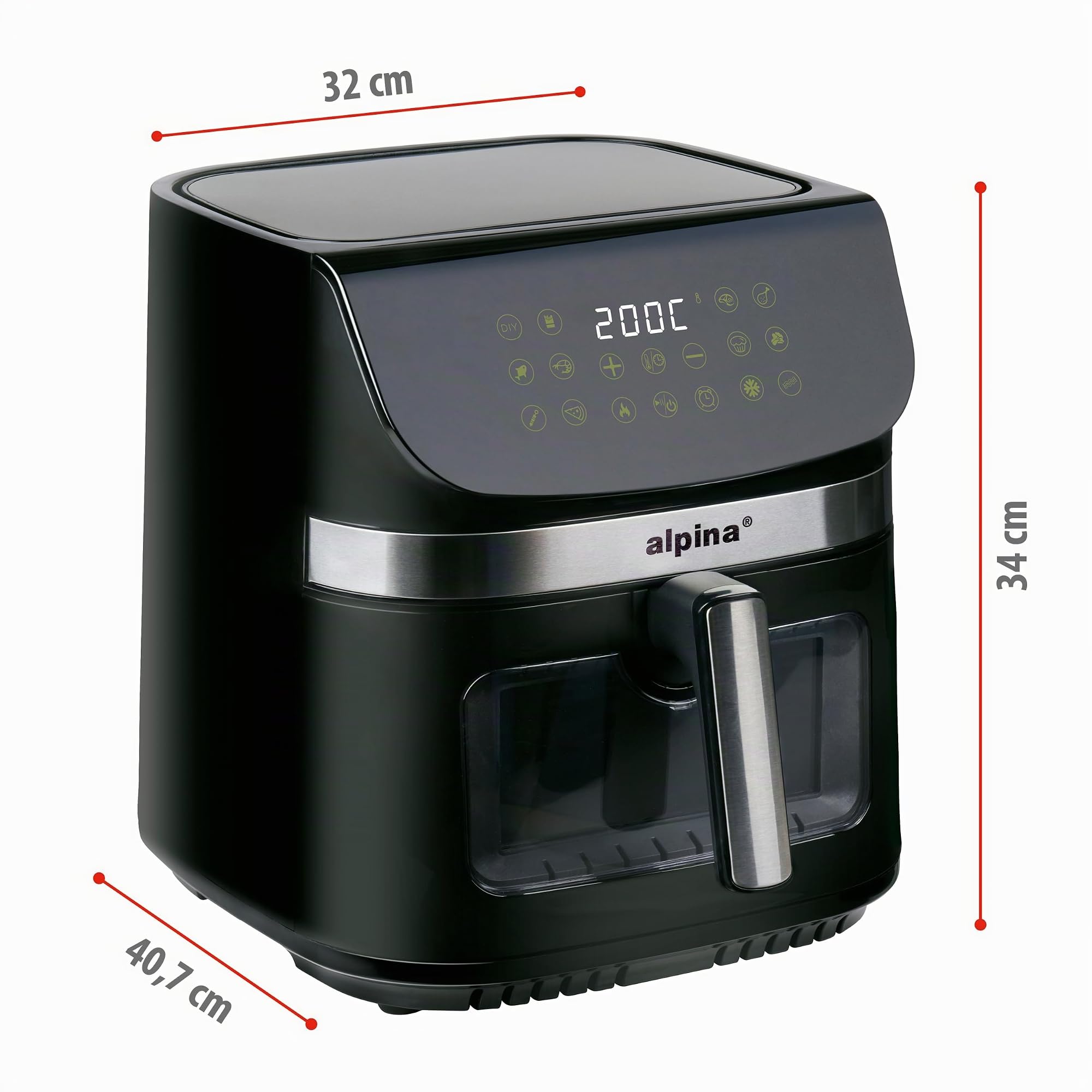 alpina Friggitrice Aria 9L - Friggitrice ad Aria XXL - Air Fryer con Display Digitale - Airfryer con Timer e Temperatura da 60 a 200℃ - con 8 Programmi di Cottura e Finestra di Visualizzazione - Nero