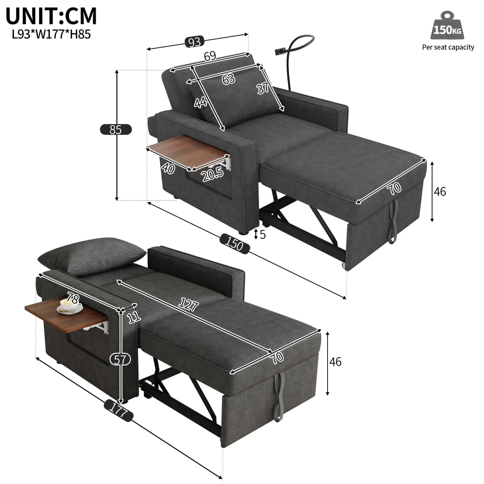 Canapé 1 Place Convertible avec Table d'appoint,Fauteuil Relax,Petit Canapé Lit Pliable,Chaise Longue,avec Port USB et Support pour Téléphone Portable (Gris-Velours côtelé-1)