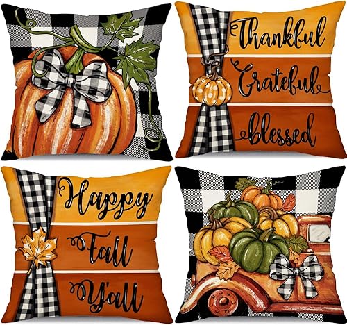 DFXSZ Juego de 4 fundas de almohada de otoño de 20 x 0 pulgadas, decoración de casa de campo, calabaza, camión, decoración de otoño y Acción de