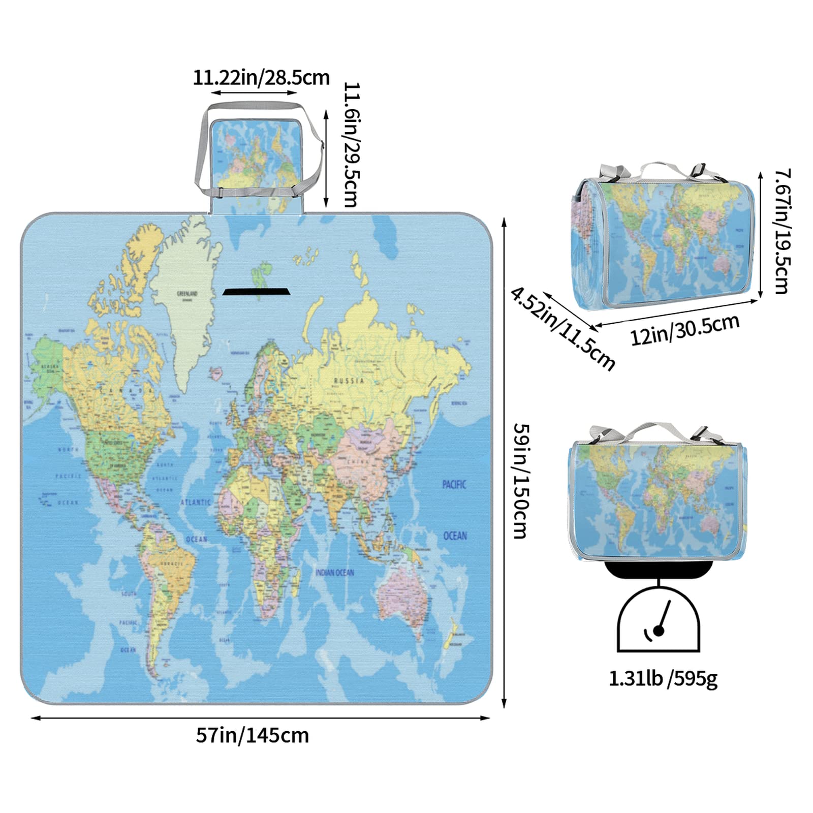AUUXVA World Map Picnic Blanket, Waterproof and Sandproof Foldable Picnic Mat, Outdoor Beach Mat,for Beach, Grass, Picnic, Camping, Park (57x59 Inches)