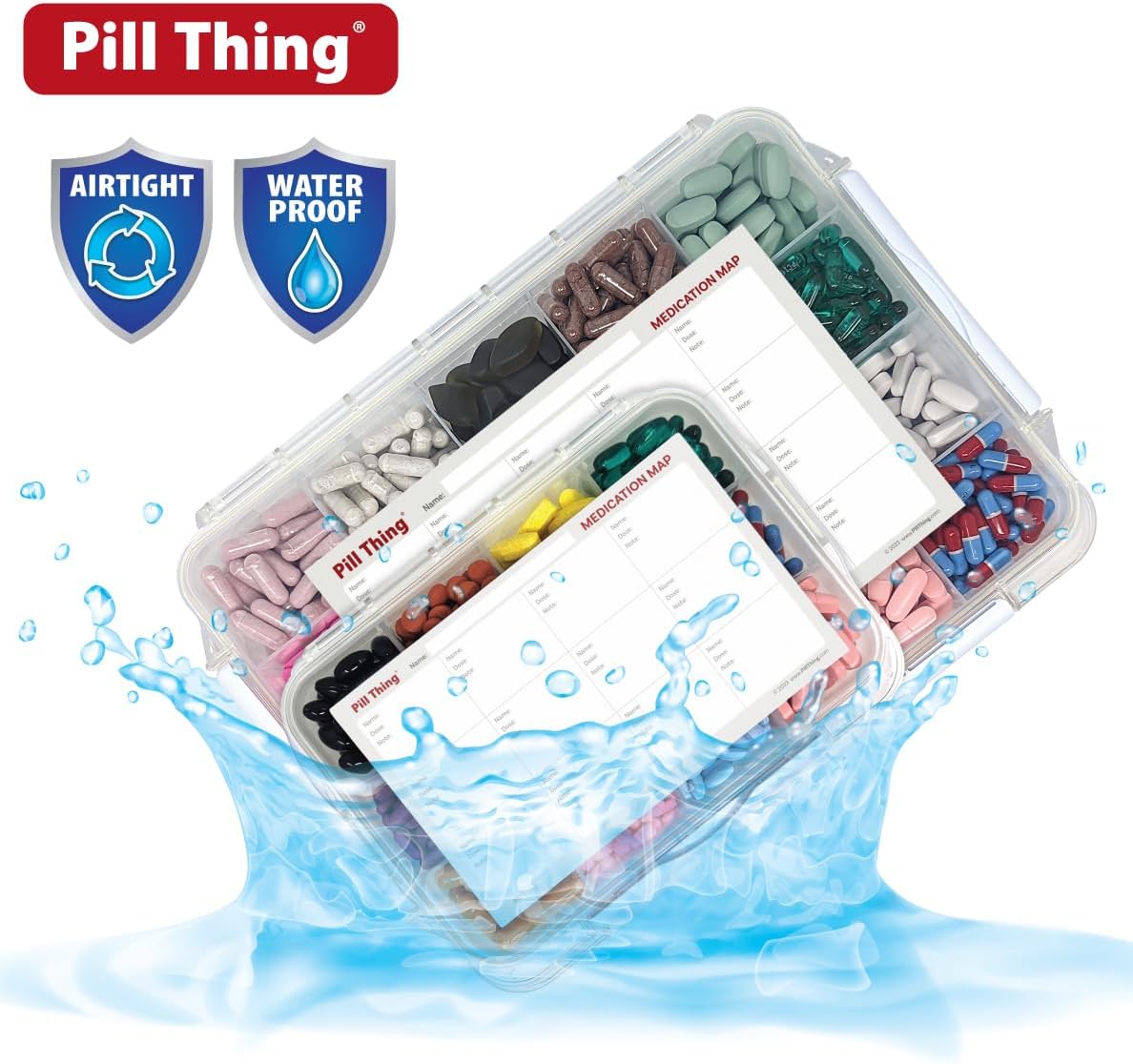 20 Compartment Large Pill Case with Airtight Seal - Silicone Gasket Waterproof Med Box with Medication Map (Combo Pack - 20 & 12)