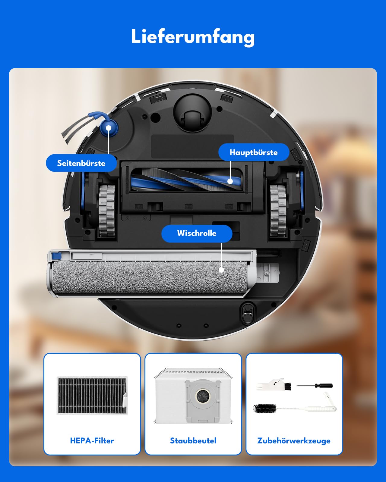 23 Stk. Zubehörsets für ECOVACS DEEBOT T90 OMNI/T90 PRO OMNI/X12 Pro Omni Saugroboter: 1 Hauptbürste, 3 Rollenwischer, 6 Seitenbürste, 5 HEPA-Filter, 6 Staubbeutel, 1 Wassertankbürste