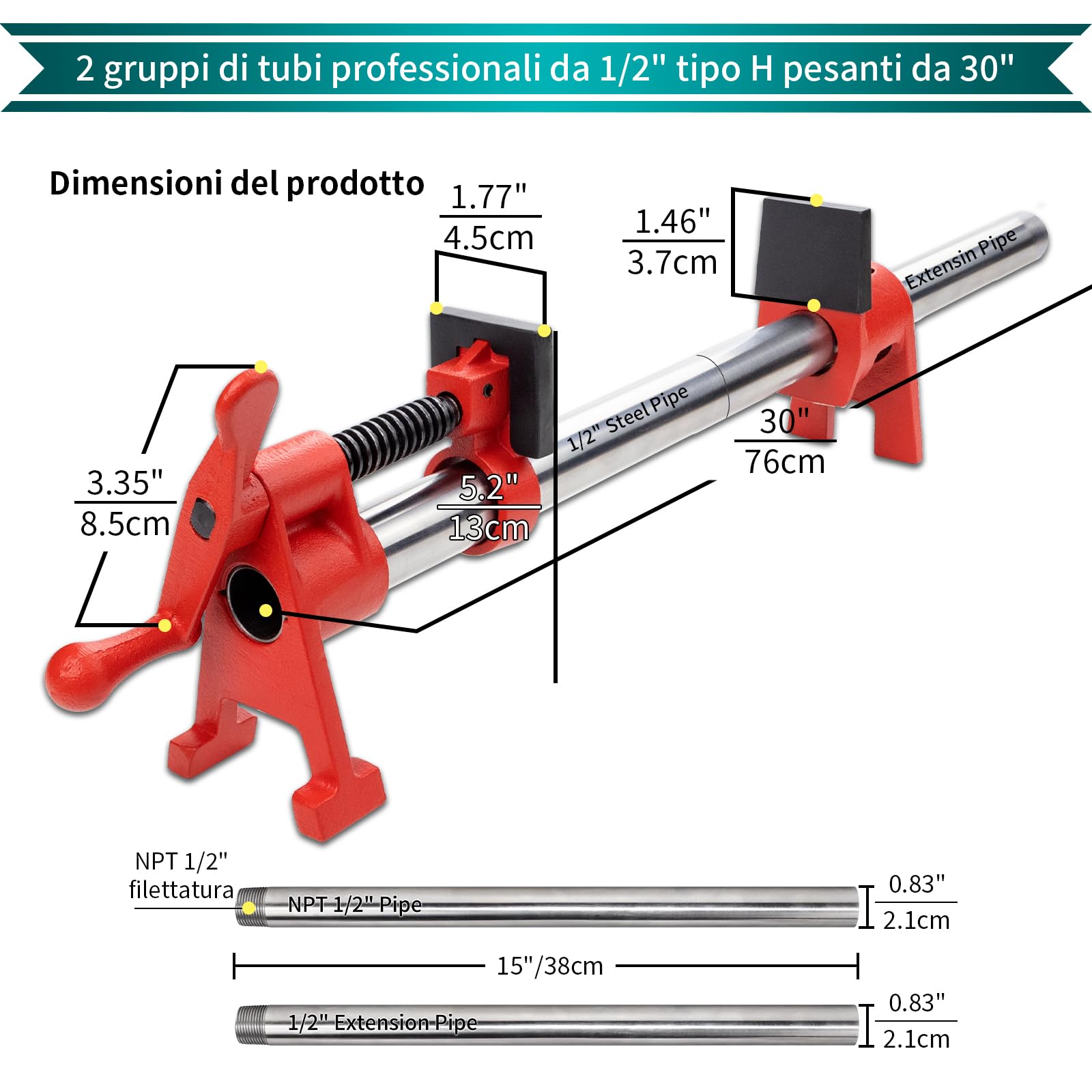 Set di morsetti professionali per incollaggio del legno da 1/2 pollici H-Style con tubo in acciaio da 76,2 cm. Resistente limite di carico di 500 kg, per la lavorazione del legno