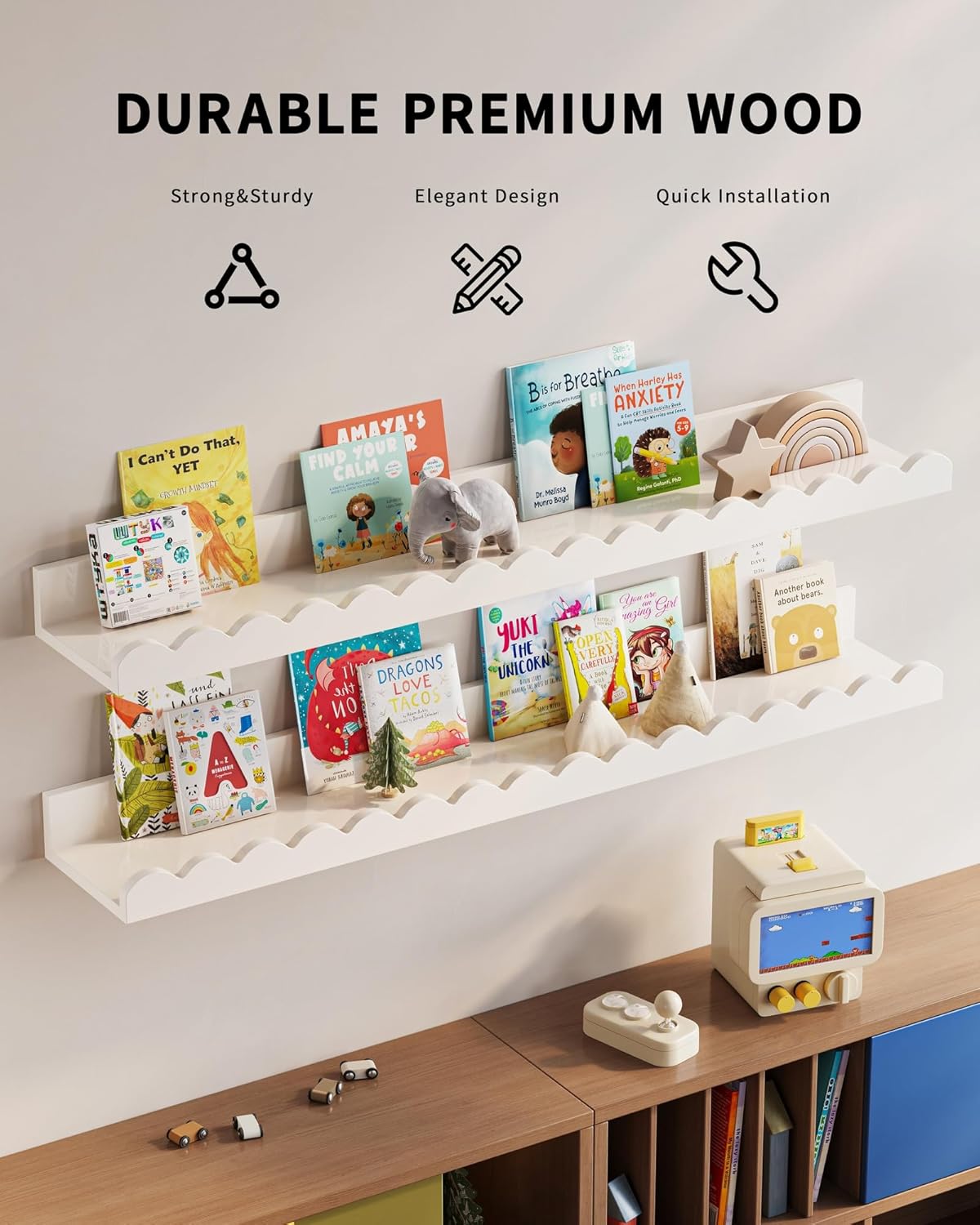 G&W Gruwald Nursery Book Shelves, Set of 3, Nursery Decor for Baby and Toddler, Scalloped Shelves, Book Shelf for Kids Rooms, Wall Book Shelf for Bedroom Kids (White, 36 Inches)