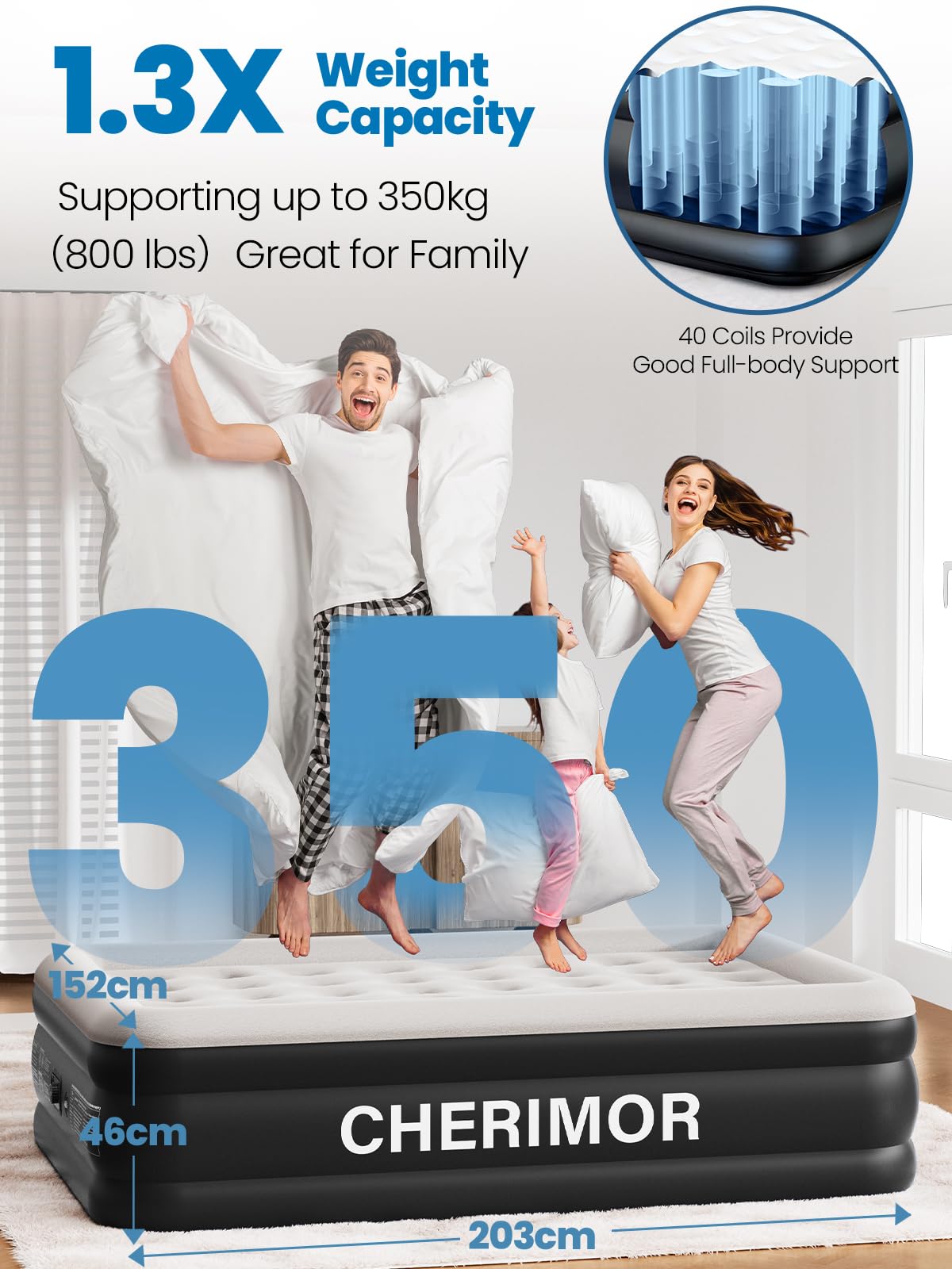 CHERIMOR Luftmatratze Selbstaufblasend, 203x152x46CM Luftbett 2 Personen Aufblasbare Matratze & Tragetasche,Tragfähigkeit 350KG, 3-Minütiges Aufblasen für Zuhause & Camping-BLA