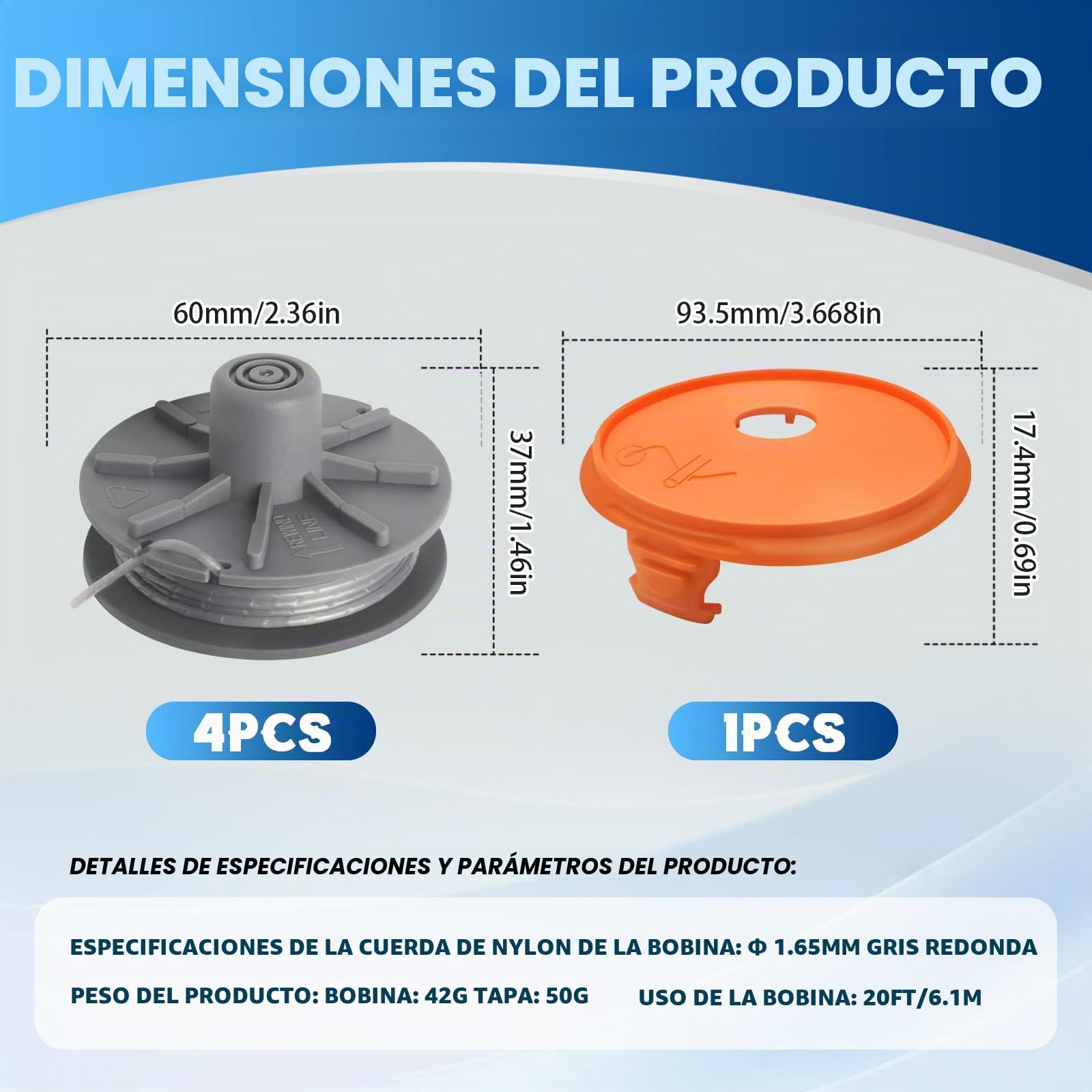 Bobinas de Hilo para Cortabordes Compatible con 5307-20, Bobina de Hilo de para Gardena Art 8846, 8847,8848, 9805, 9806, 9807, 9808, 9809, 9827, 9870,9872,9874, Ø1,65mm 6,1m(4 Bobina+1 Tapa)