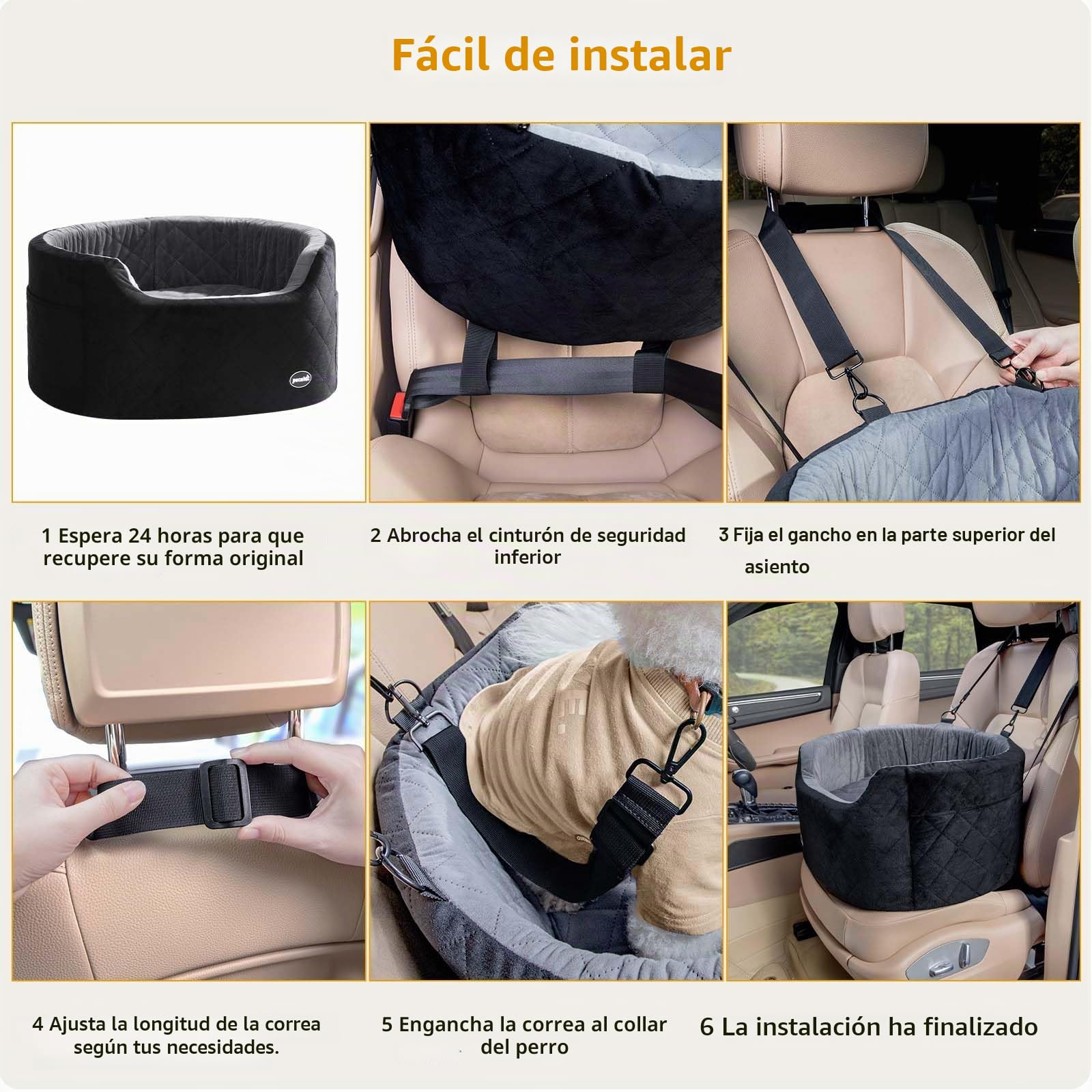 Pecute Asiento de Coche para Perros Pequeños y Medianos, Transportin Asiento Elevador para Perros con Bolsillos de Almacenamiento y Cojín 15cm, Silla Cama de Viaje para Mascotas,hasta 13,6 kg