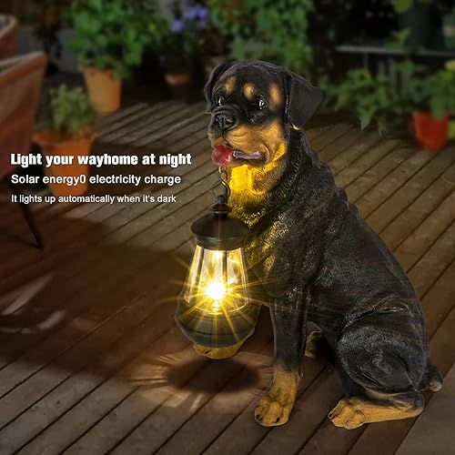 Miniatura 3 de Notakia Estatuas y esculturas de resina para perros rottweiler con luz solar LED para decoración del jardín del hogar, lámpara a prueba de viento,