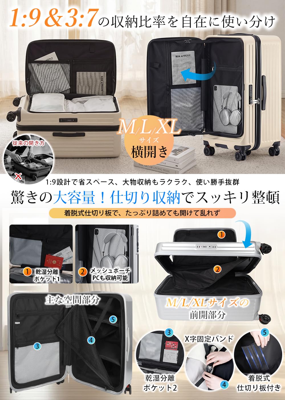 [J.K.T] スーツケース フロントオープン 前開き キャリーケース 機内持ち込み 軽量 Sサイズ 【1:9と3:7の2WAY開き方 黄金比の収納】 両開きスーツケース 小型 パソコン専用収納付き 多機能 ストッパー付き 静音キャスター PC製 頑丈 TSAロック搭載 防爆ジッパー 出張 国内 海外 短期旅行 キャリーバッグ suitcase 男女兼用 - 4
