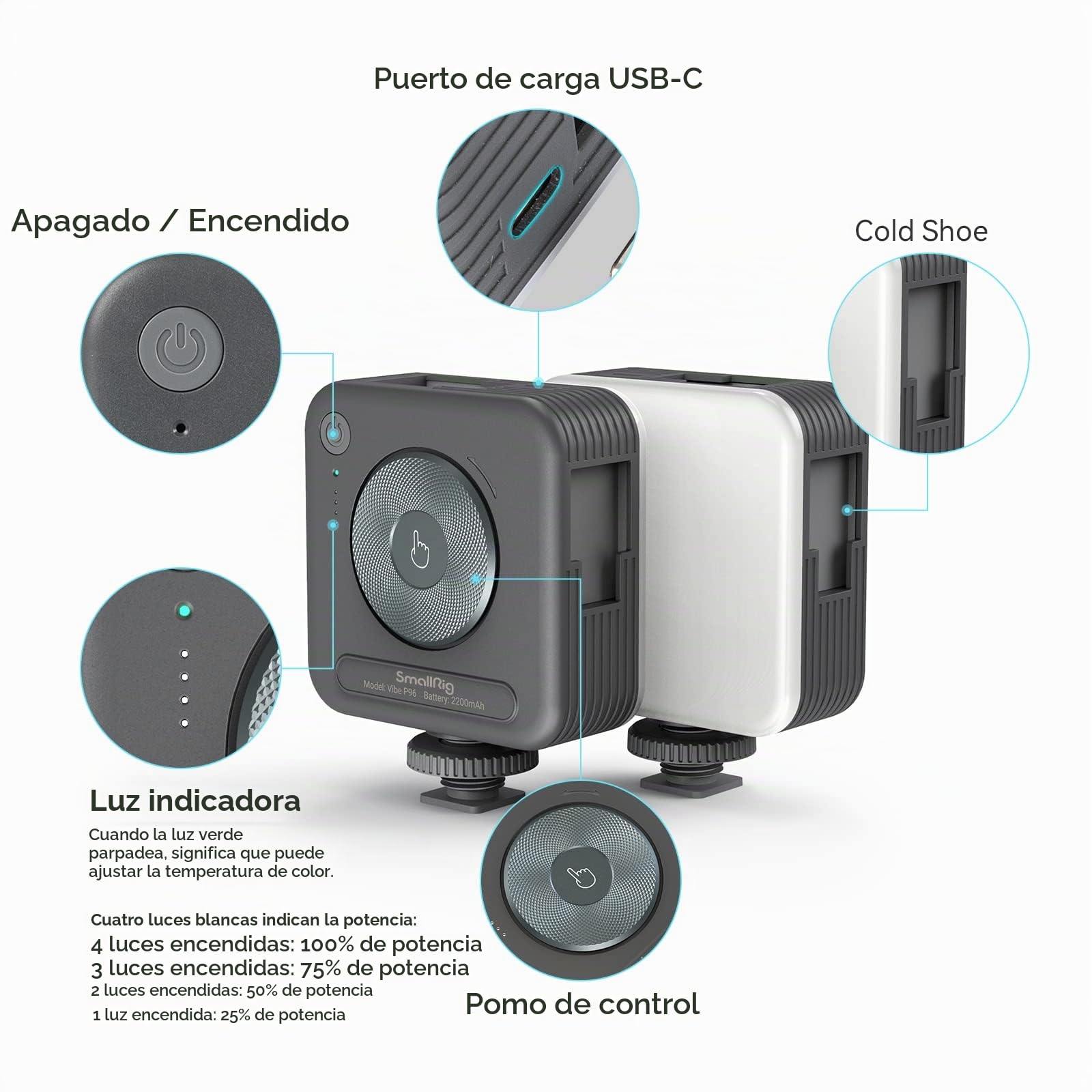 SMALLRIG P96 Luz de Video LED, Luces LED Portátiles para Cámaras, 96 Perlas LED para Iluminación de Video y Fotografía, Panel Recargable 2200mAh CRI95+ 2700-6500K - 3286B (Paquete de 2)