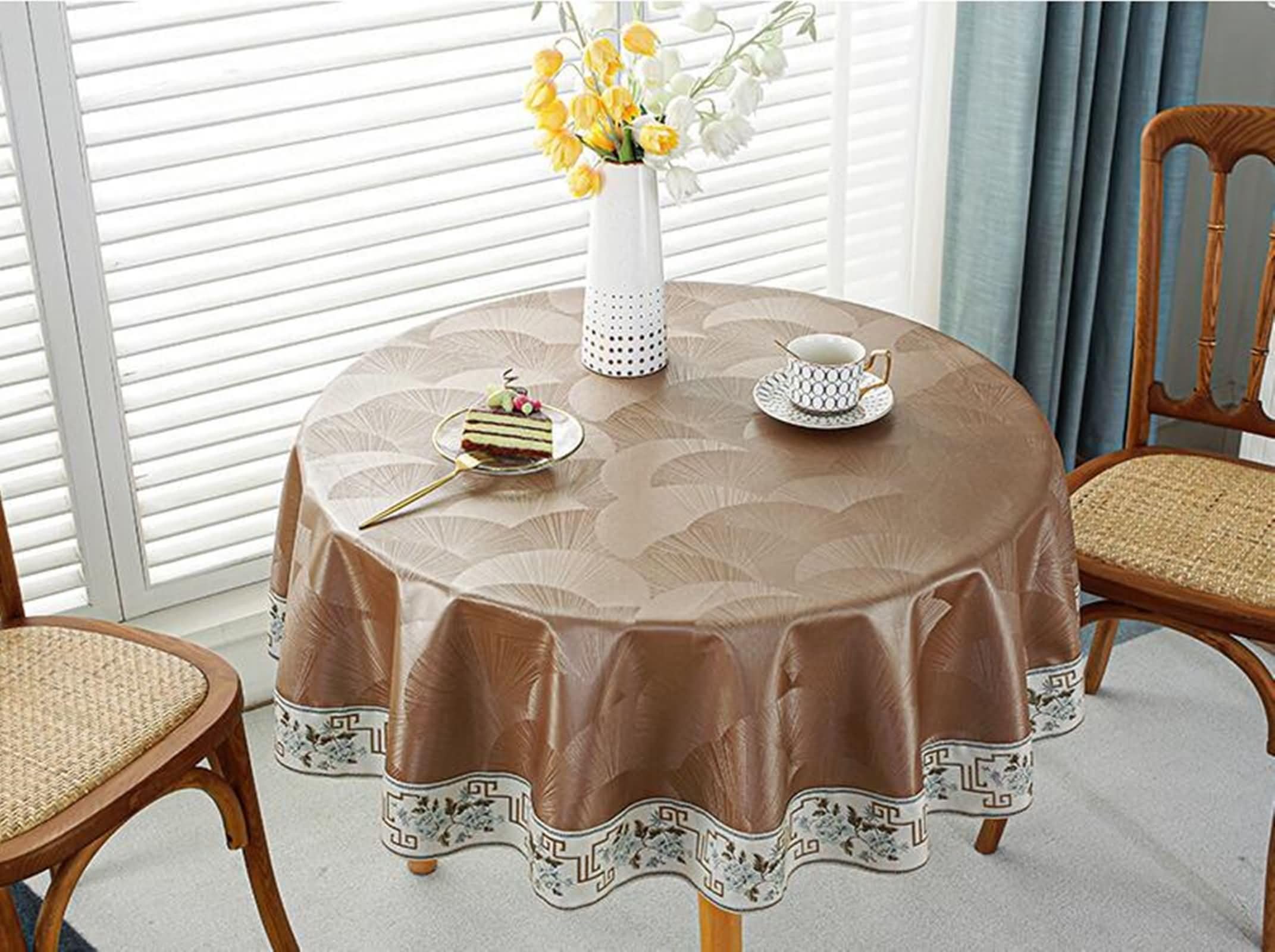 Mantel Protector Mesa Redondo Patrón de Luna y Bordados Mantel Mesa Balcon Redondo 220CM,Mantel Comedor PU Café
