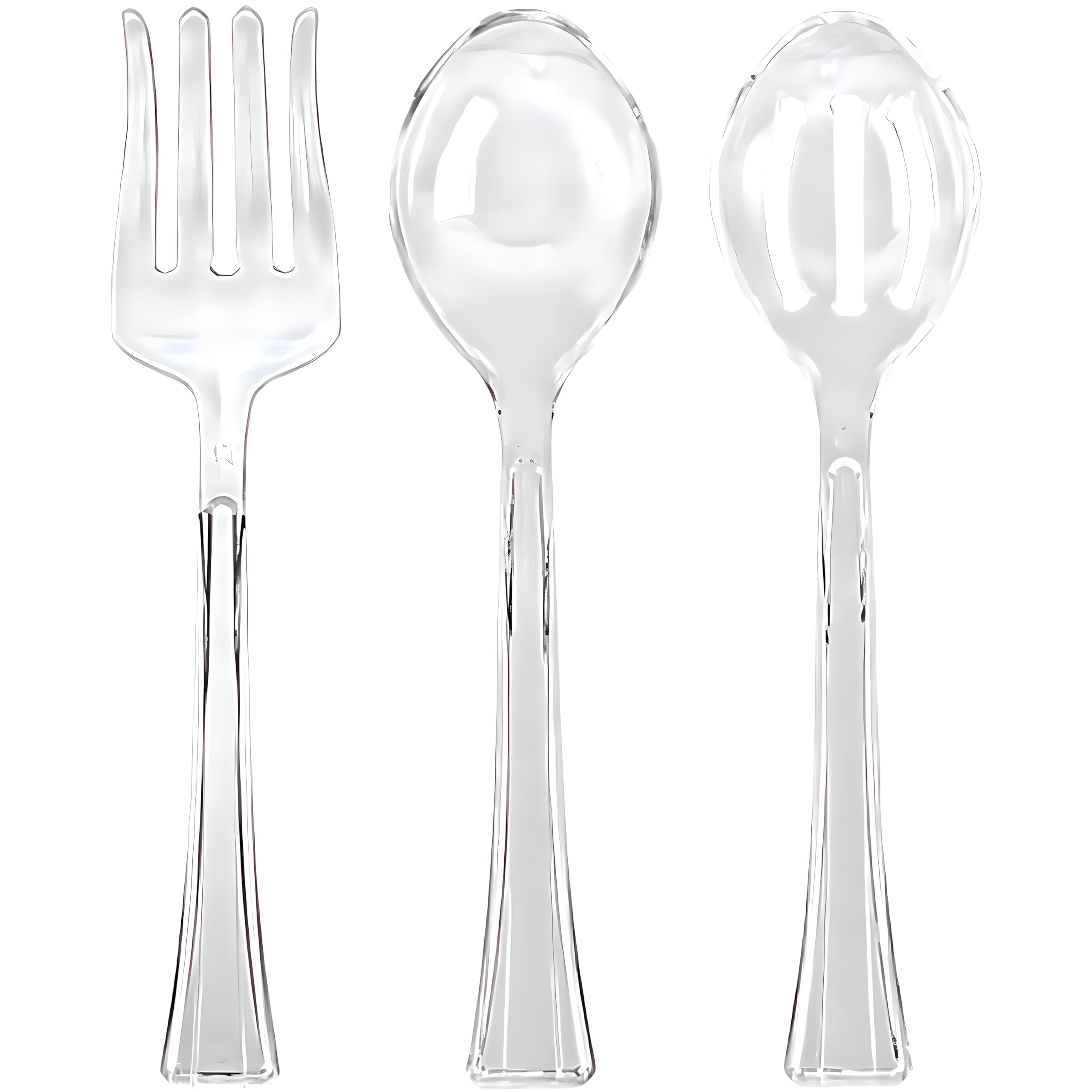 Lillian Clear Plastic Serving Utensils, Party Assorted Disposable Set, Pack of 3 (1 Spoon, 1 Slotted Spoon, 1 Fork) Clear, 12" Inches