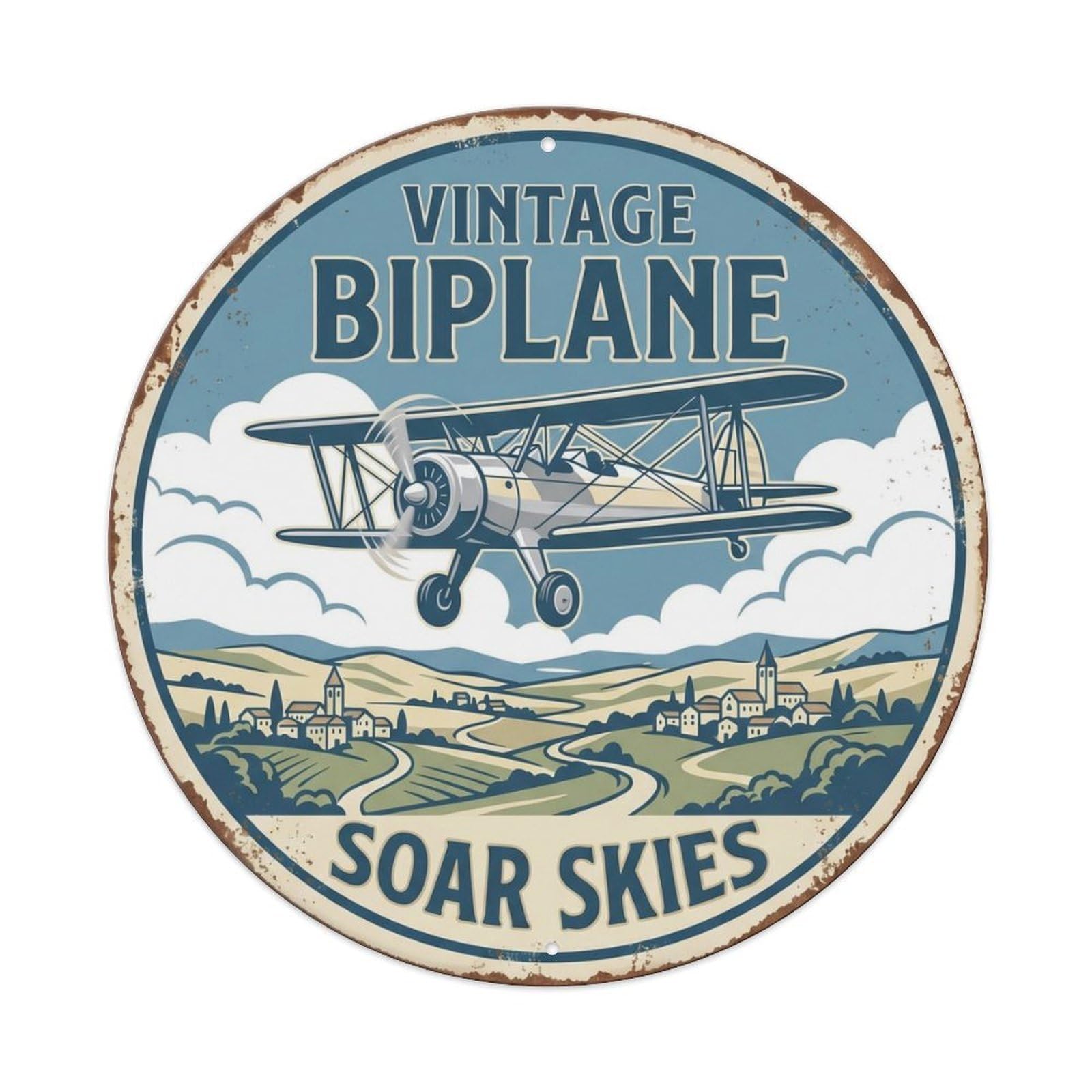 Biplane Vintage Soar Sky Aircraft Metal Tin Sign Plaque Wall Decor for Cafe, Club Bar, Office, Home Garden Round Metal Poster 8x8Inch