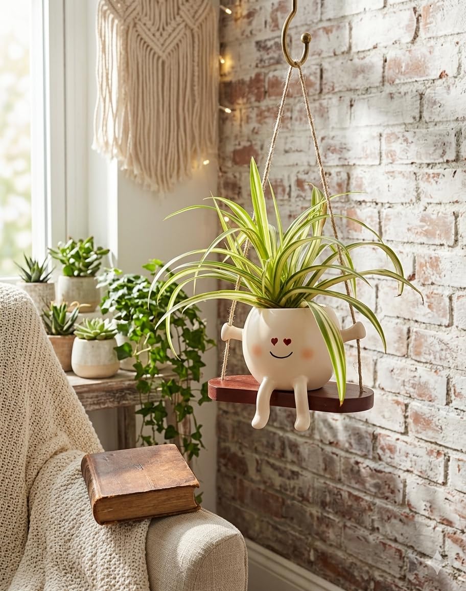 Hanging Planter Pot with Swing, Cute Smiling Face Design, Decorative Indoor & Outdoor Plant Holder with Heart Eyes-image-22