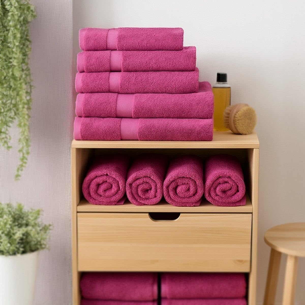Juego de 6 Toallas de Ducha Grandes Fucsia 100% algodón Rizo 150x100 cm | Tejido suave de gran gramaje con alta absorción. Aptas para lavadora, de uso diario.