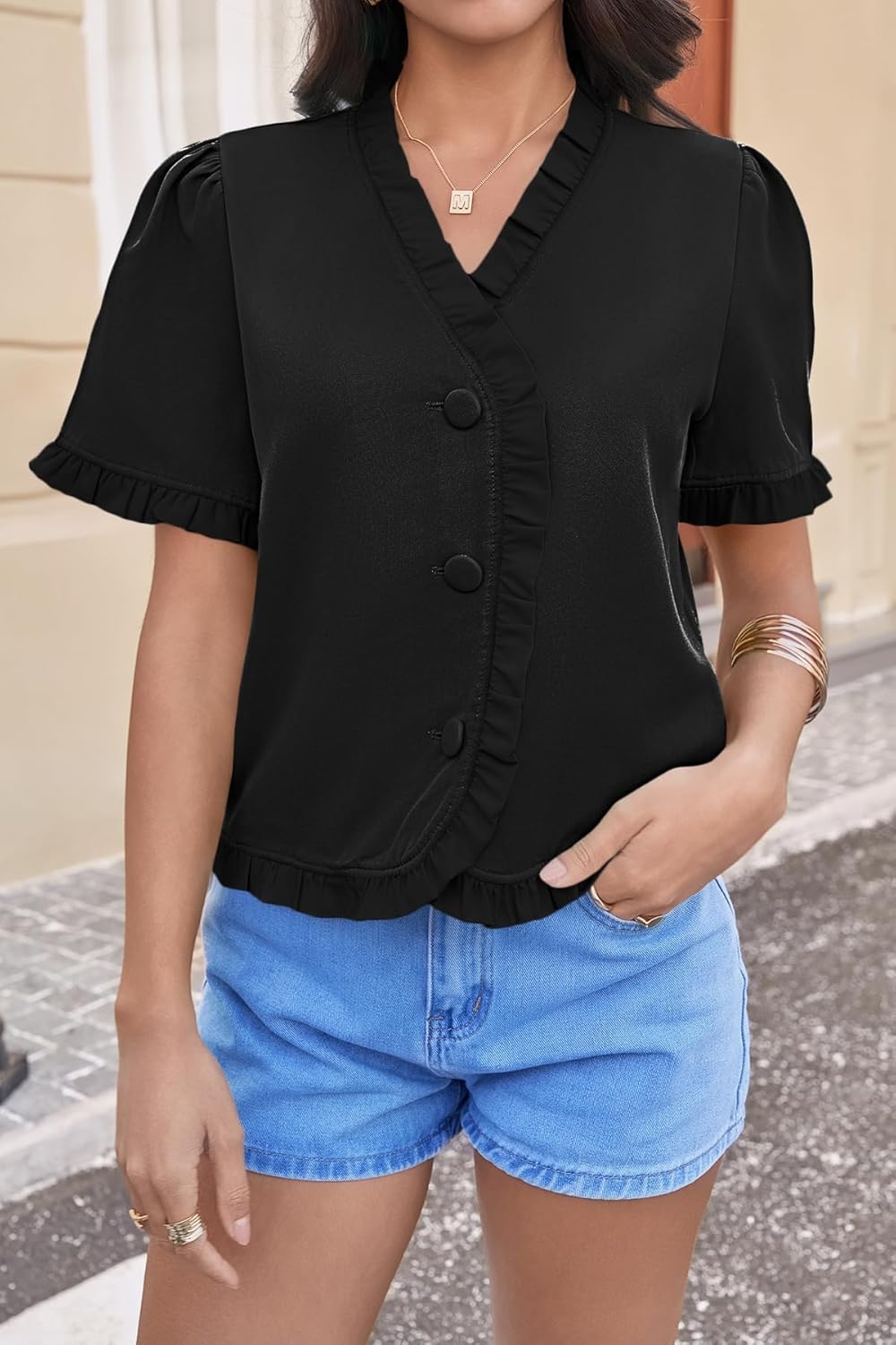 Tankaneo Womens Cropped Short Puff Sleeve Blouse Summer Ruffle V Neck Button Down Shirts Dressy Casual Work Tops - Image 2