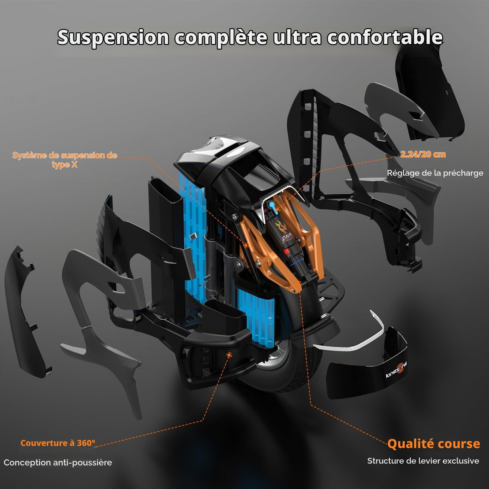 KINGSONG Gyroroue S18 Pro + Noire 1110Wh, Moteur 2200W, Autonomie jusqu'à 80km, Vitesse bridée 25km/h, Pneu 18",