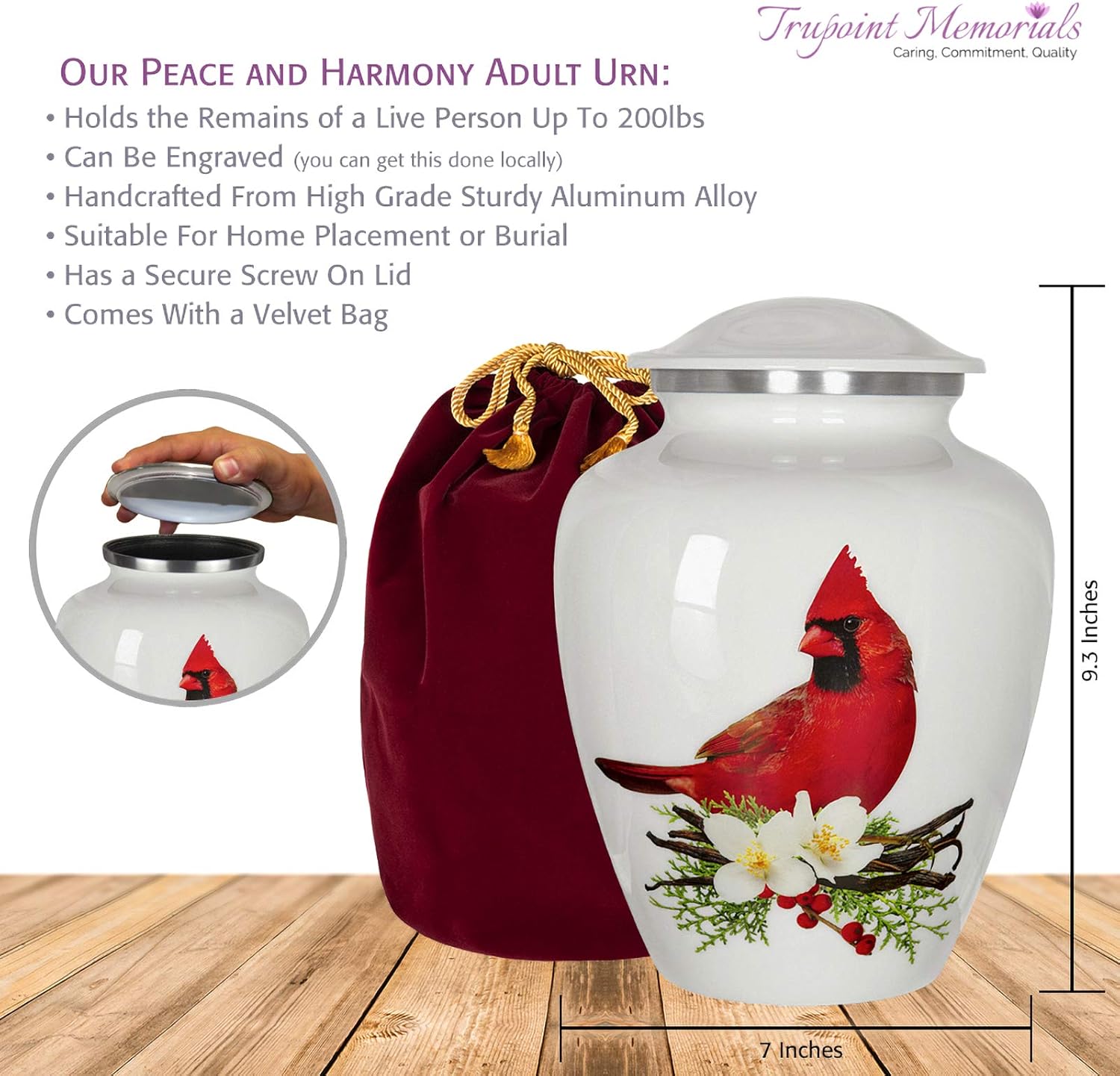 Trupoint Memorials Cremation Urns for Adult - Small Urns for Human Ashes Keepsake, Miniature Urns for Ashes with Velvet Bag, Small Urns for Human Ashes Adult Female & Male, Red Cardinal.