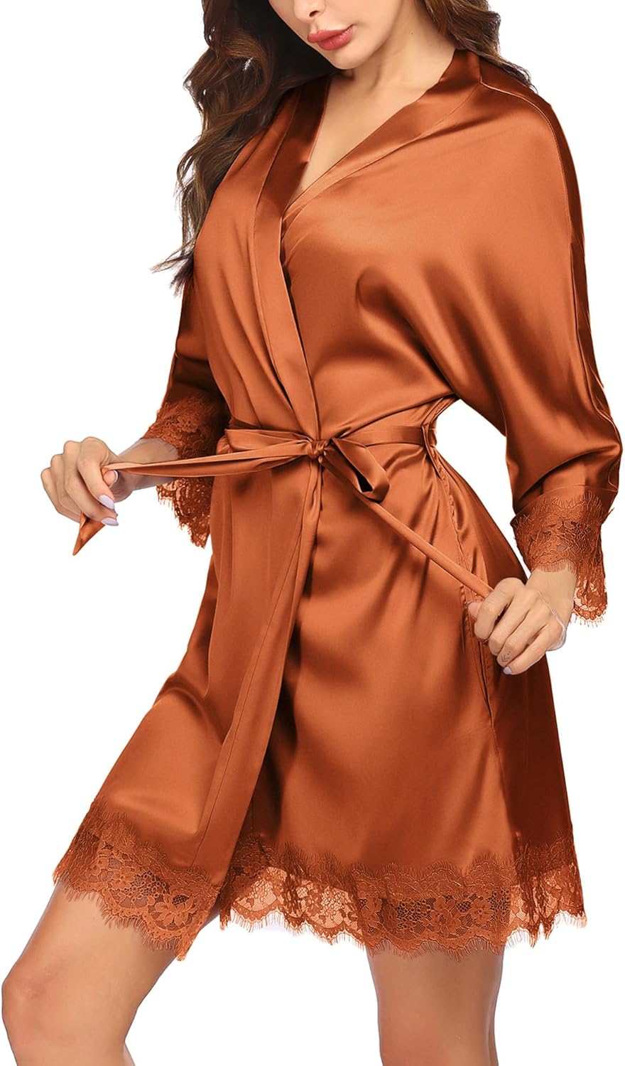 Ekouaer Womens Silk Robe Short Lace Trim Satin Robe 3/4 Sleeve Sexy Kimono Bride Bathrobe Comfy Sleepwear with Pockets - Image 2