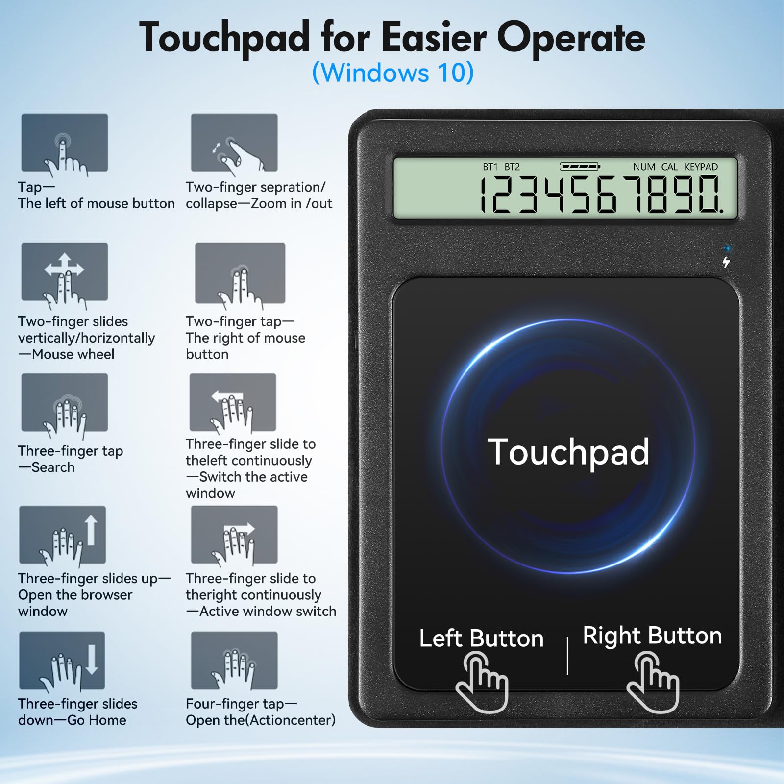 Tastiera numerica Bluetooth, Wireless Tastierino Numerico con display e touchpad calcolatrice pieghevole contabilità finanziaria sottile tastierino numerico portatile per Desktop Laptop Tablet