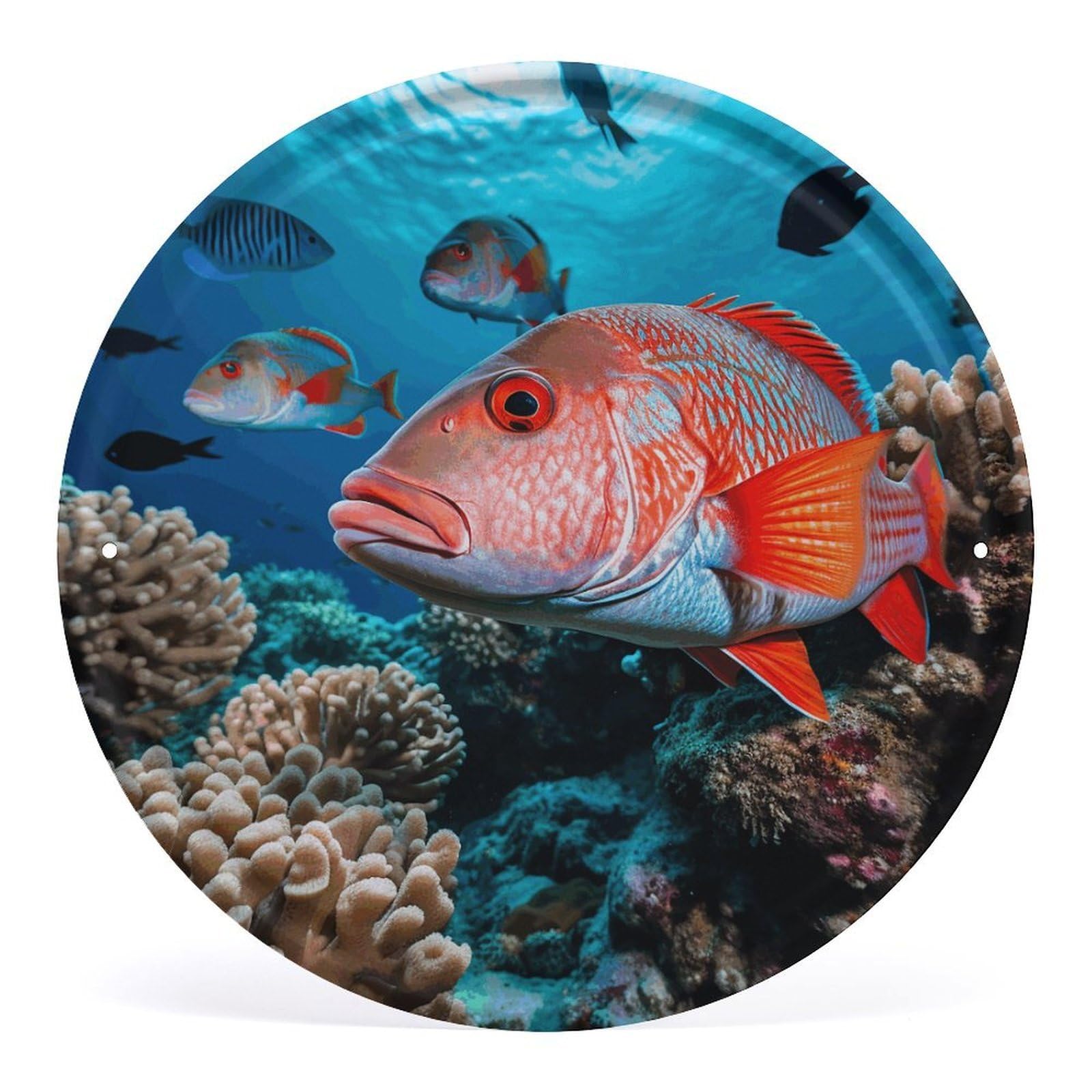 Fodpand Style Fish And Coral Round Wall Art Hanging Decorations, Wall Decor Modern Minimalist Artwork, Tin Sign Hanging Picture For Living Room, Bedroom, Office, Hallway, 11.8X11.8 Inch