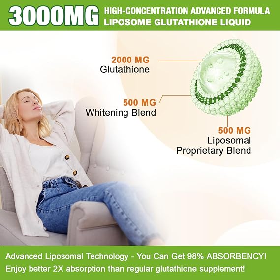1 Pack 3000mg Liposomal Glutathione Liquid Drops, 98% Absorption Liposomal Glutathione with Vitamin C for Women, Glutathione Liposomal Supplement, Powerful Antioxidant Complex for Immune System, Liver