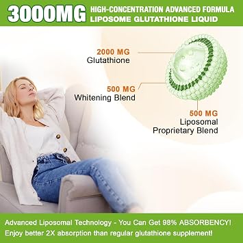 1 Pack 3000mg Liposomal Glutathione Liquid Drops, 98% Absorption Liposomal Glutathione with Vitamin C for Women, Glutathione Liposomal Supplement, Powerful Antioxidant Complex for Immune System, Liver
