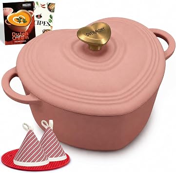 Overmont Enameled Cast Iron Dutch Oven - 2QT Pink Heart-Shaped Mini Pot
