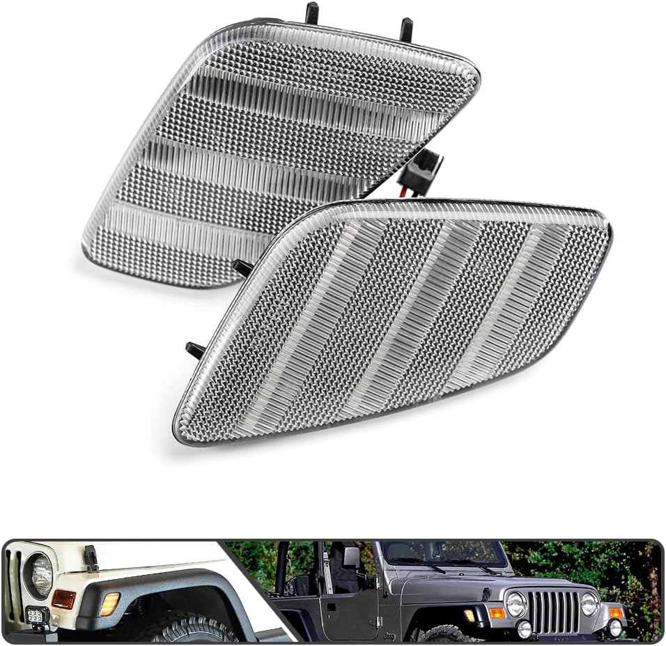 2Pcs LED Amber Side Marker Lights for J'eep Wrangler TJ 1997-2006 Front Turn Signal Light Replace OEM Sidemarker Lamp Clear Lens