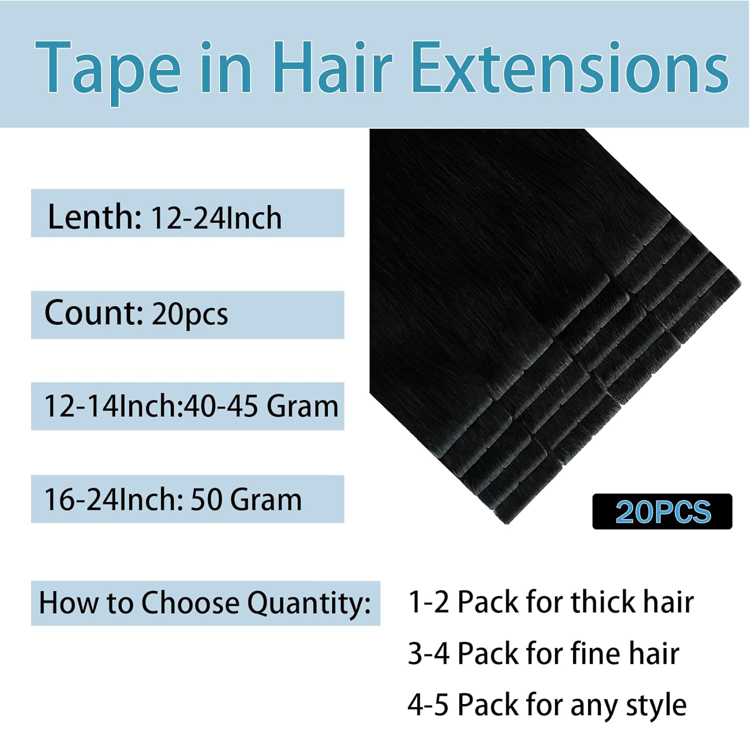 Tape in Hair Extensions Human Hair 12Inch Natural Black Color 20Pcs 50G/Pack Straight Seamless Weft Skin Invisible Thick 100% Real Black Human Hair Tape In Extensions