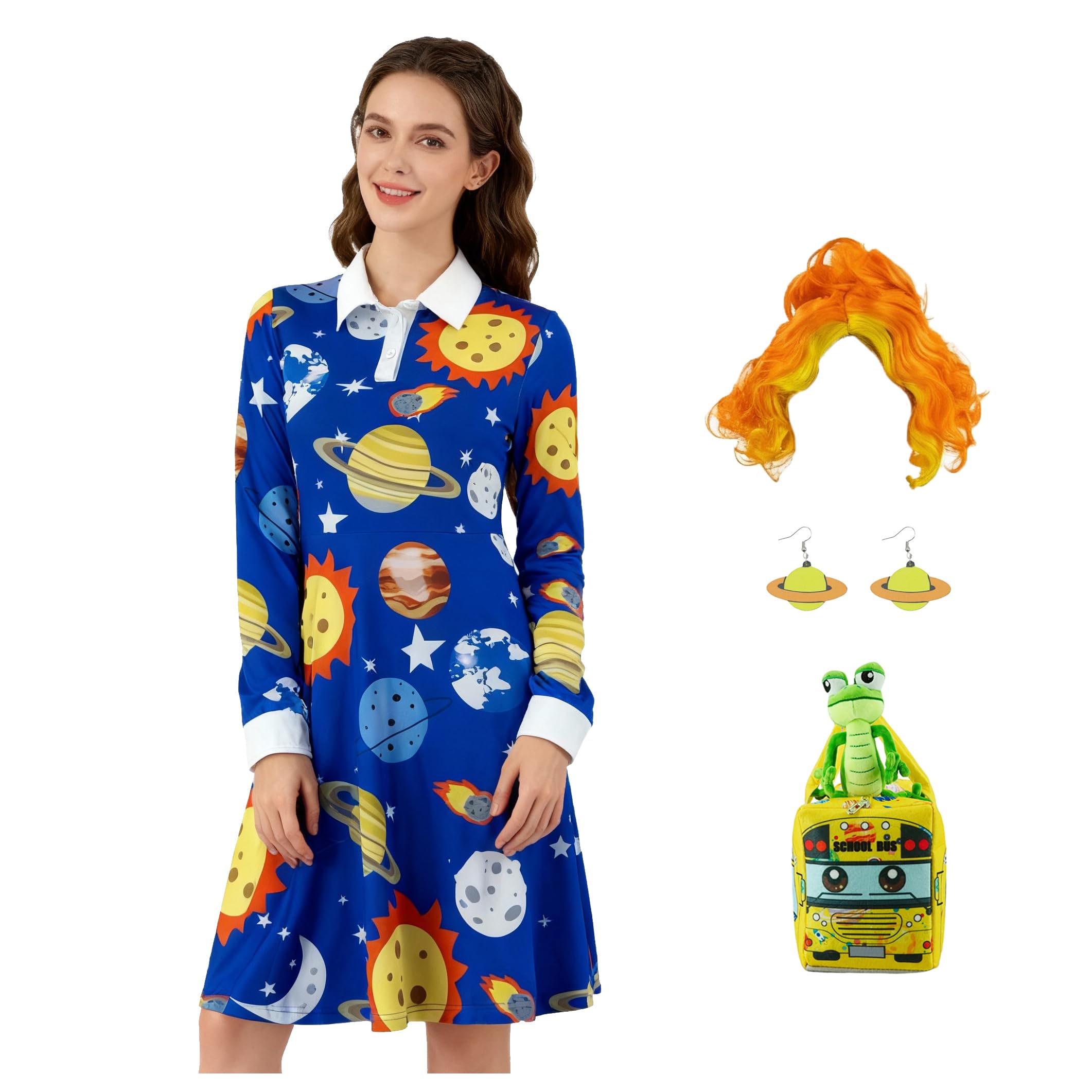 Jaugola Womens Ms Frizzle Costume Planet Dress Earrings Wig Lizard School Bus Bag Halloween Party Teacher Outfit, Blue, 3XL