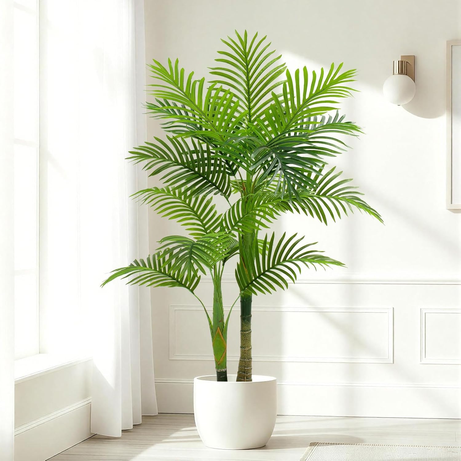 4ft artificial palm tree - tropical faux golden cane palm tree uv resistant tall fake plant indoor with black pot for home office living room indoor outdoor decor housewarming gift 1 4ft