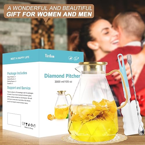 Miniatura 6 de Yirilan Jarra de vidrio, jarra de agua de 3 litros con tapa, jarra de té helado para refrigerador, jarra de agua de vidrio con tapa, jarra de agua