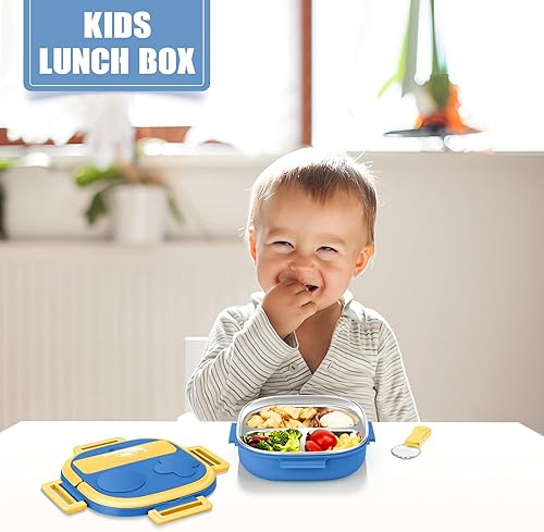 Miniatura 2 de Pedeco Caja Bento de acero inoxidable para niños, diseño de 3 compartimentos, juego completo de almuerzo con cubiertos portátiles, ideal para niños
