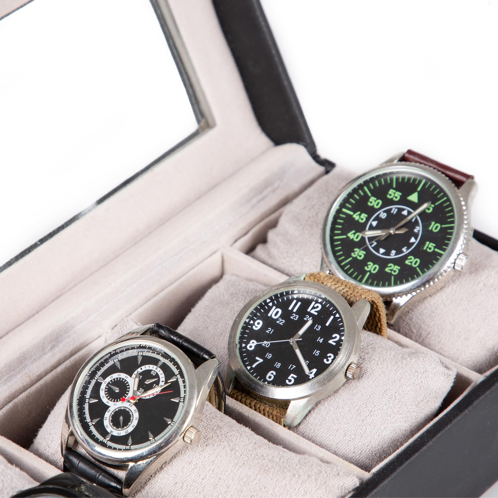 Estuche para Relojes con 6 Compartimentos, Tapa de Cristal, Organizador, Regalo Hombre, Negro
