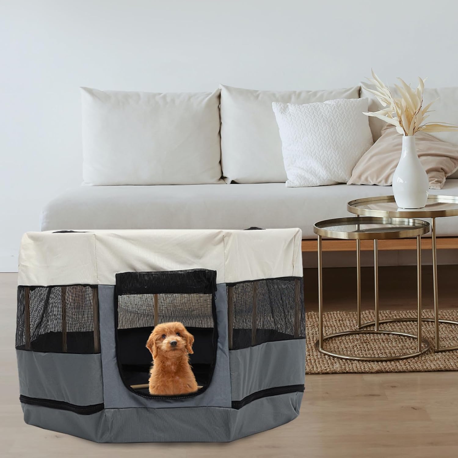 DOITOOL Octagonal Small Pet Playpen with Bite-Resistant Oxford Cloth, 74x74x43cm Indoor Puppy and Kitten Fence for Household Use, Beige and Gray