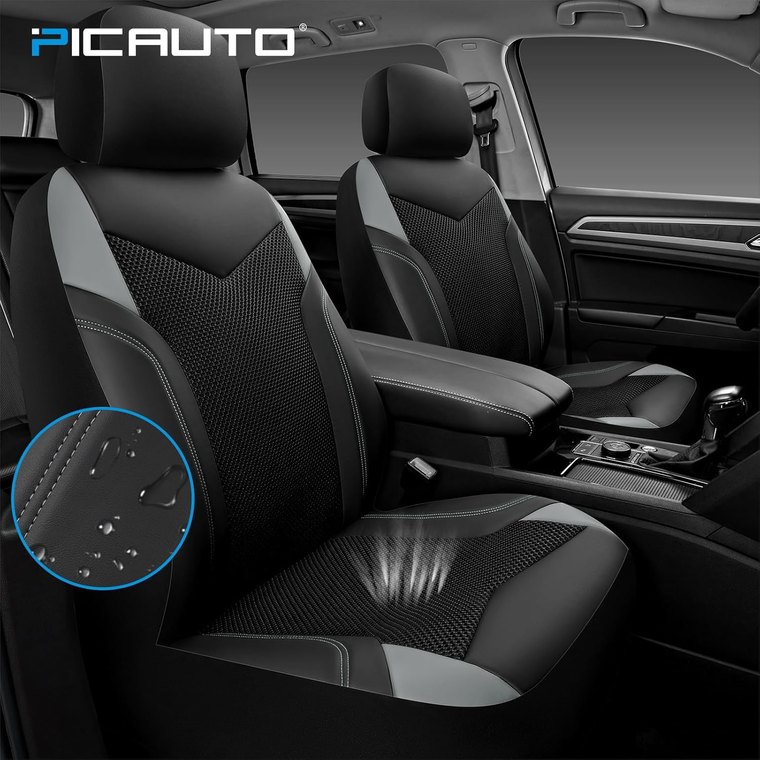 PIC AUTO Car Seat Cover, Super Breathable Mesh Front Seat Cover for Cars, Gray Leather Seat Covers, Universal Fit, Durable, Airbag Compatible, Suitable for SUVs, Trucks, Sedans, and Vehicles