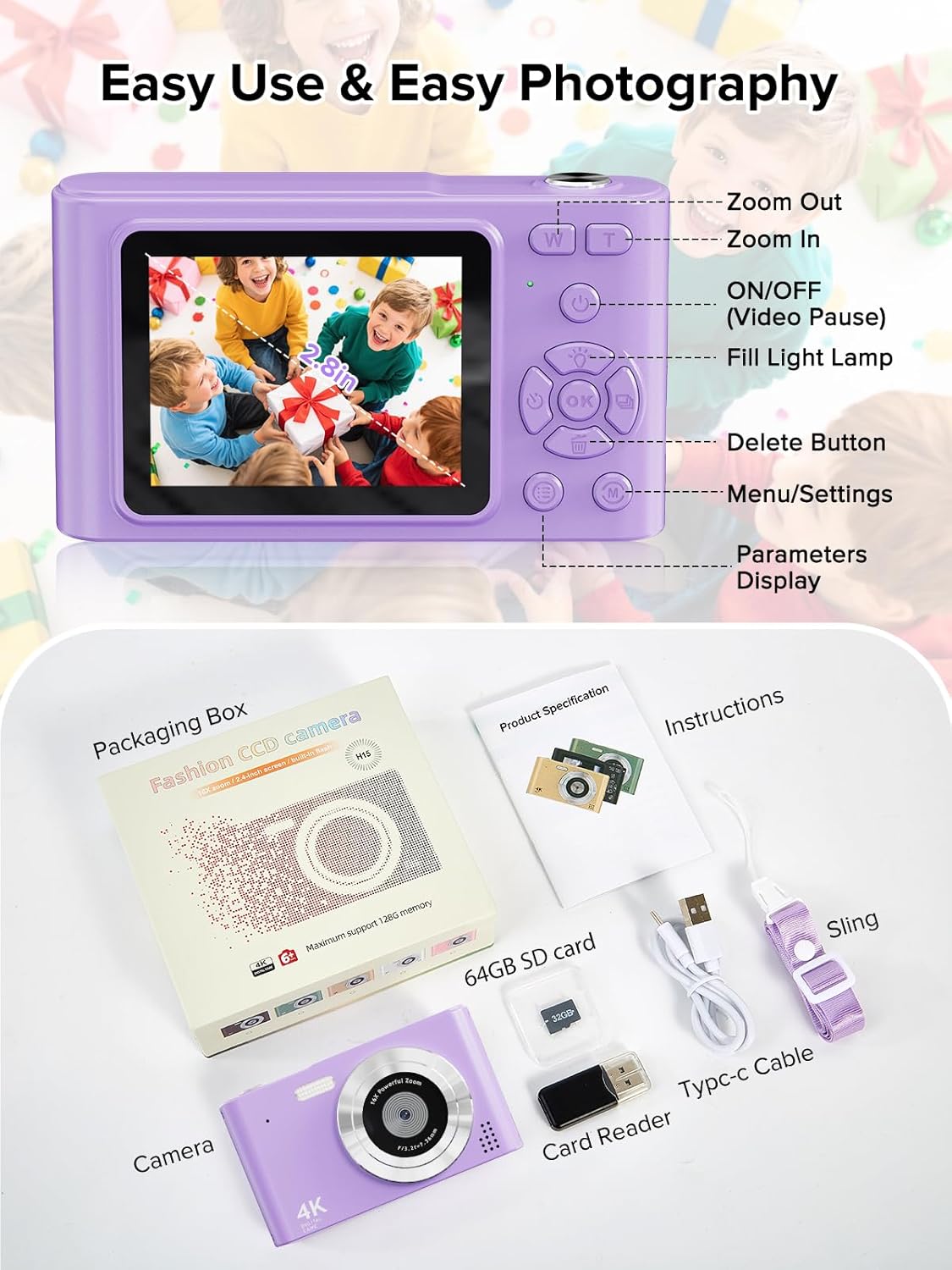 Digital Camera, 44MP Full HD 1080P Point and Shoot Camera with 64GB Card, Anti Shake 16X Zoom Compact Volg Cameras, Portable Small Digicam Gift for Kids, Ages Teen Girl Boy - Purple - Image 7