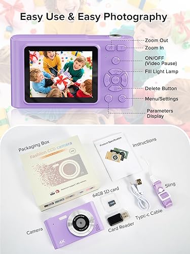 Miniatura 7 de Cámara digital, 44 MP Full HD 1080P cámara de apuntar y disparar con tarjeta de 64 GB, cámaras Volg compactas con zoom de 16X, portátil, pequeño